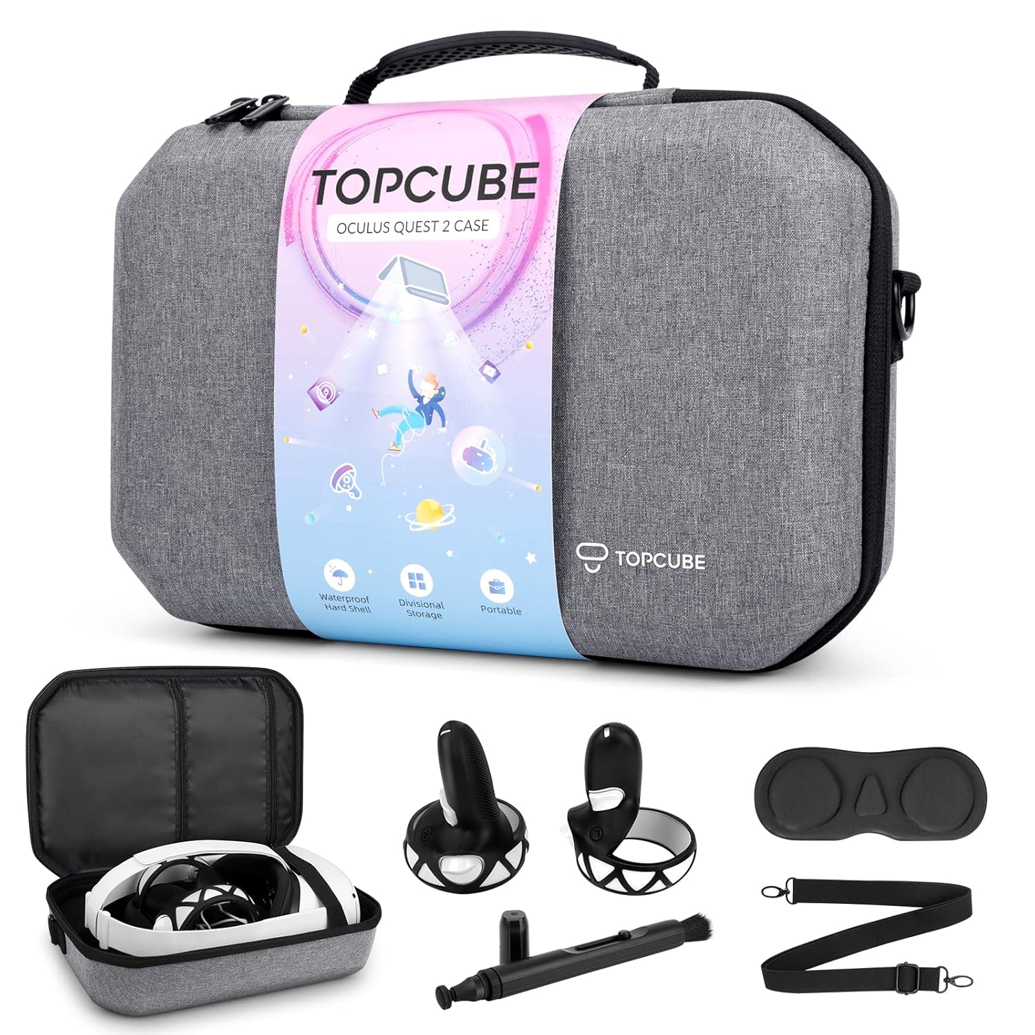 TOPCUBE Carrying Case for Oculus Quest 2 VR Headset Strap - Hard Protection Case and Lightweight Travel Case with Starter Kit, Lens Cover, Lens Cleaning Pen and Silicone Controller Cover Pack of 2