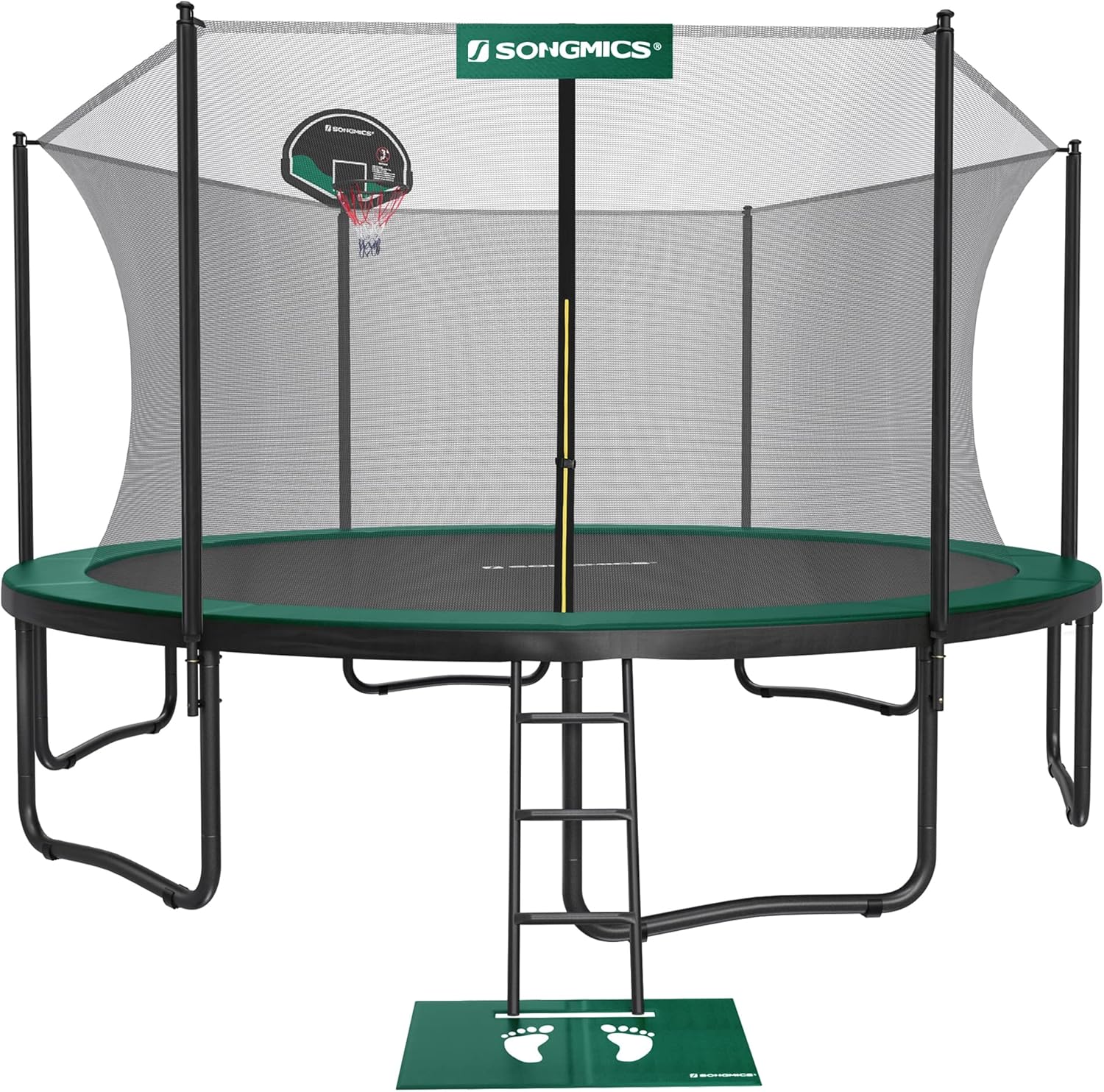 SONGMICS Trampoline with Enclosure, 15FT Outdoor Backyard Trampoline for Kids, with Net, Basketball Hoop, Jumping Mat, Safety Pad, Ladder