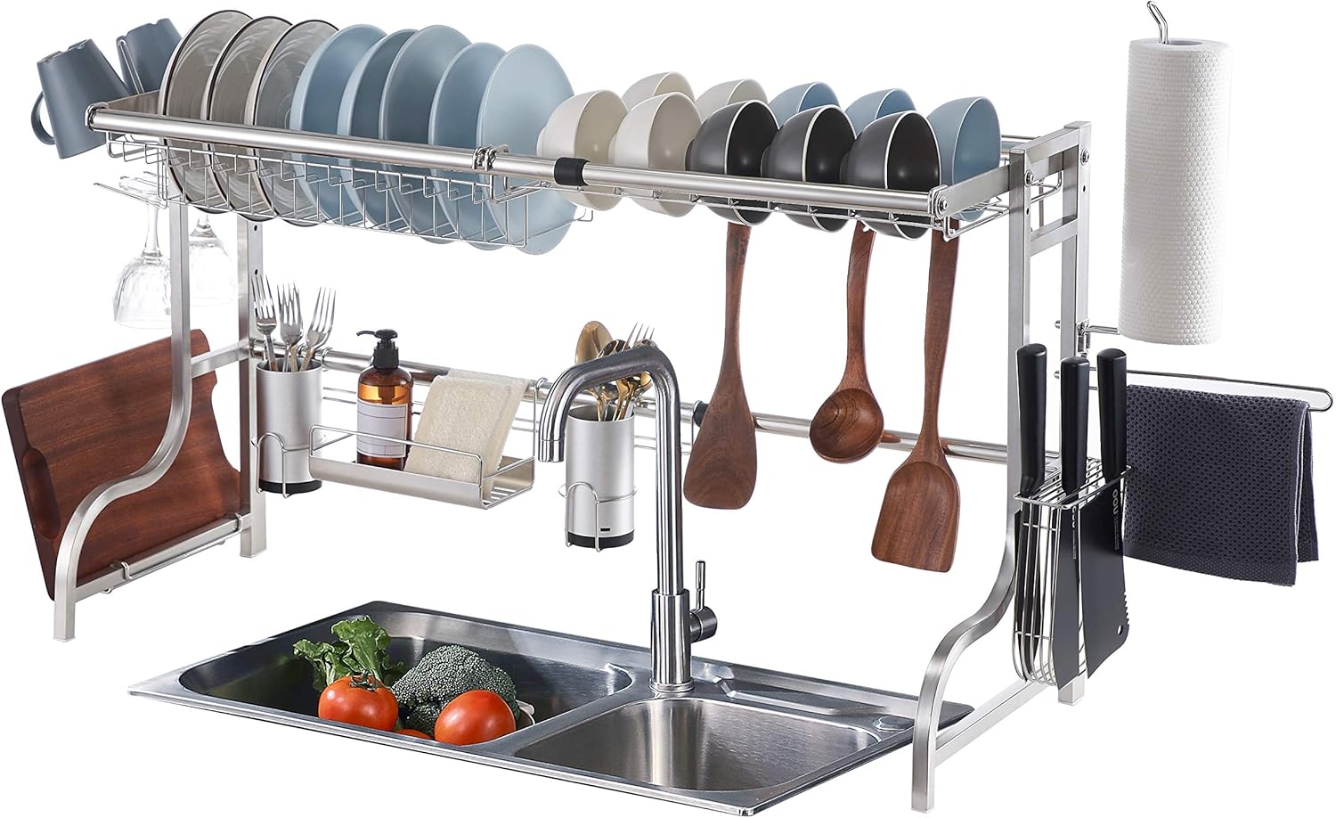 istBoom Over The Sink Dish Drying Rack Adjustable from 22 to 39 inches, Multi-Functional Stainless Steel Kitchen Sink Storage Shelf, Rusty Black