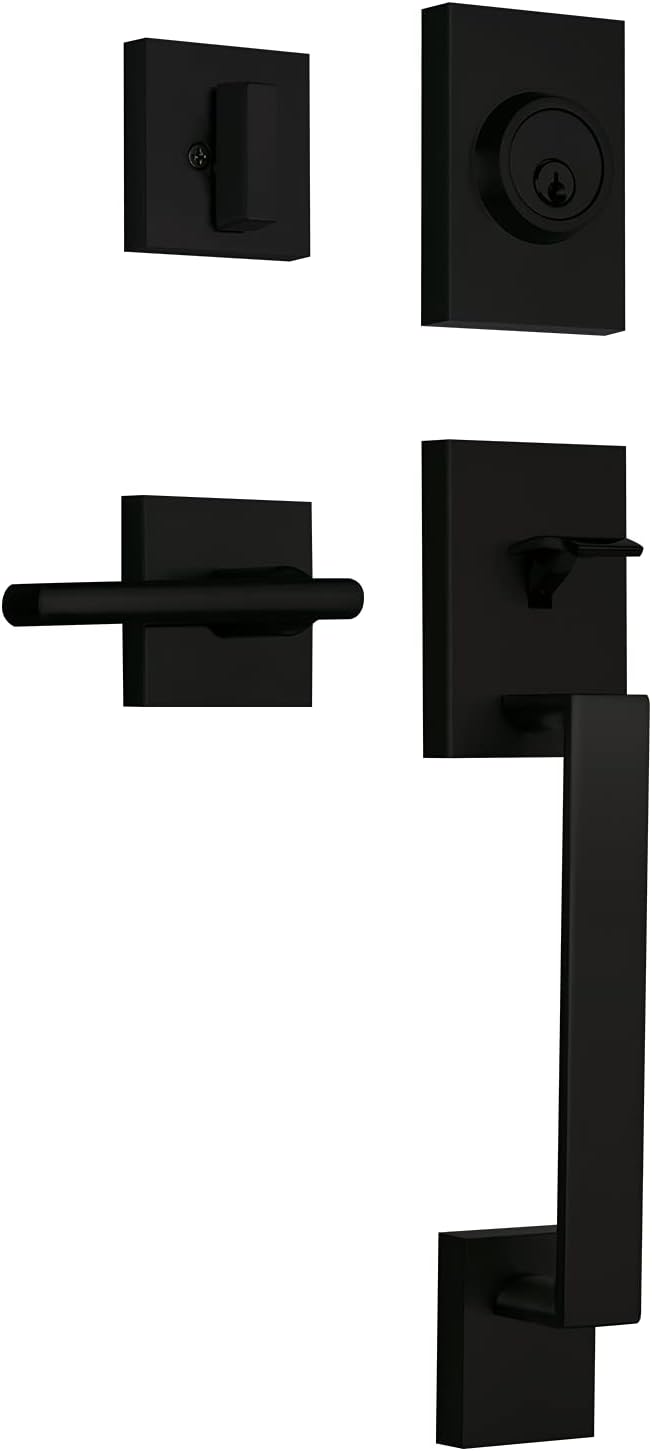 Nuk3y Haven Modern Handleset Front Door Entry Handle and Deadbolt with Reversible Inside Lever Trim (Round Thor Lever Trim, Matte Black)