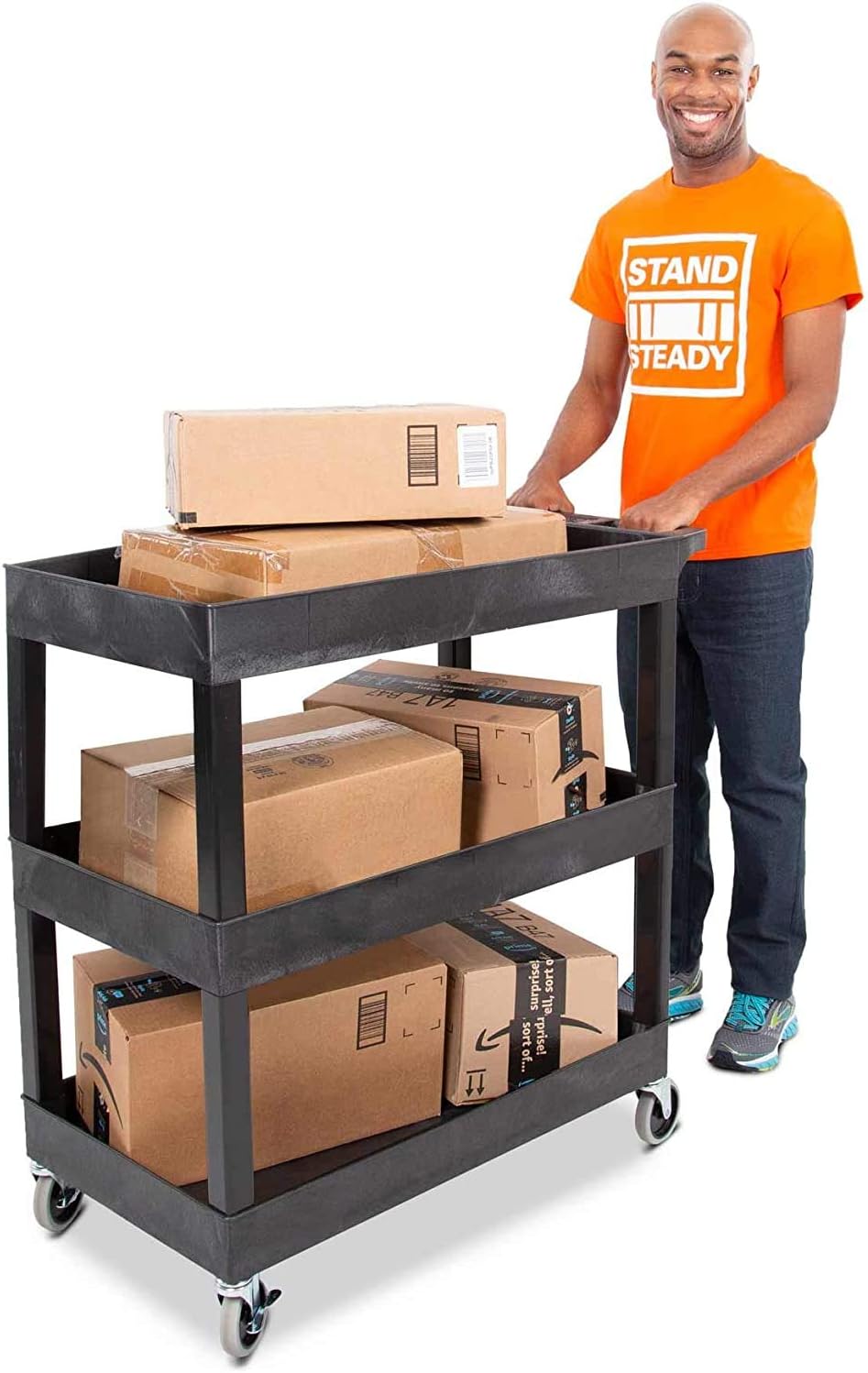 Stand Steady Tubstr 3 Shelf Utility Cart | Heavy Duty Service Cart Supports Up to 400 lbs | Tub Cart with Deep Shelves | Great for Warehouse, Garage, Cleaning, Office & More (32 x 18 / Black)