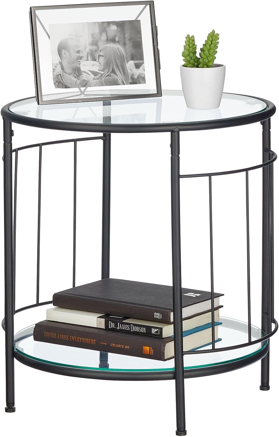 mDesign Glass Top Side/End Table - Small Art Deco Round Geometric Accent Metal Nightstand Furniture for Living Room, Dorm, Home Office, and Bedroom - Matte Black
