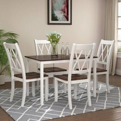 Avemaria 5 - Piece Acacia Solid Wood Dining Set Red Barrel Studio Table Base Color: White, Chair Color: White/Brown