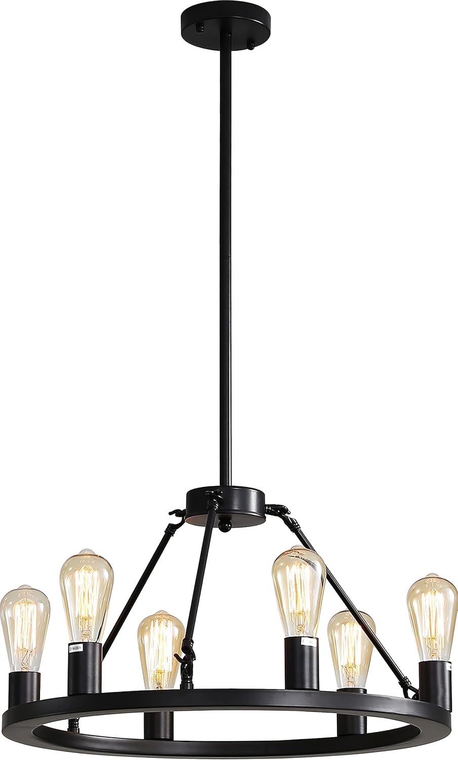 6-Light Farmhouse Wagon Wheel Chandelier, Rustic Vintage Round Kitchen Island Light, Black Modern Industrial Metal Pendant Lighting for Farmhouse Kitchen Island Living Room Dining Room Foyer (21.7'')