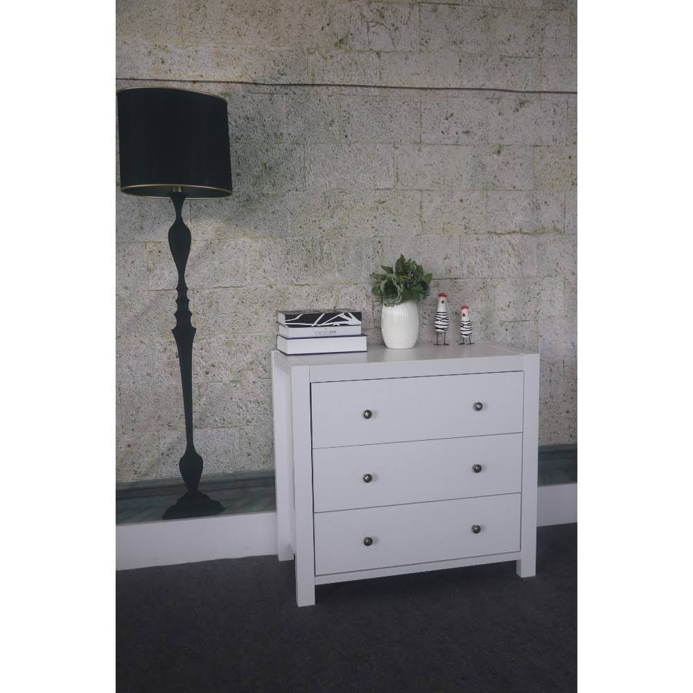NewestEdition Capacious Shiny White 3 Drawers Chest with Metal Glides