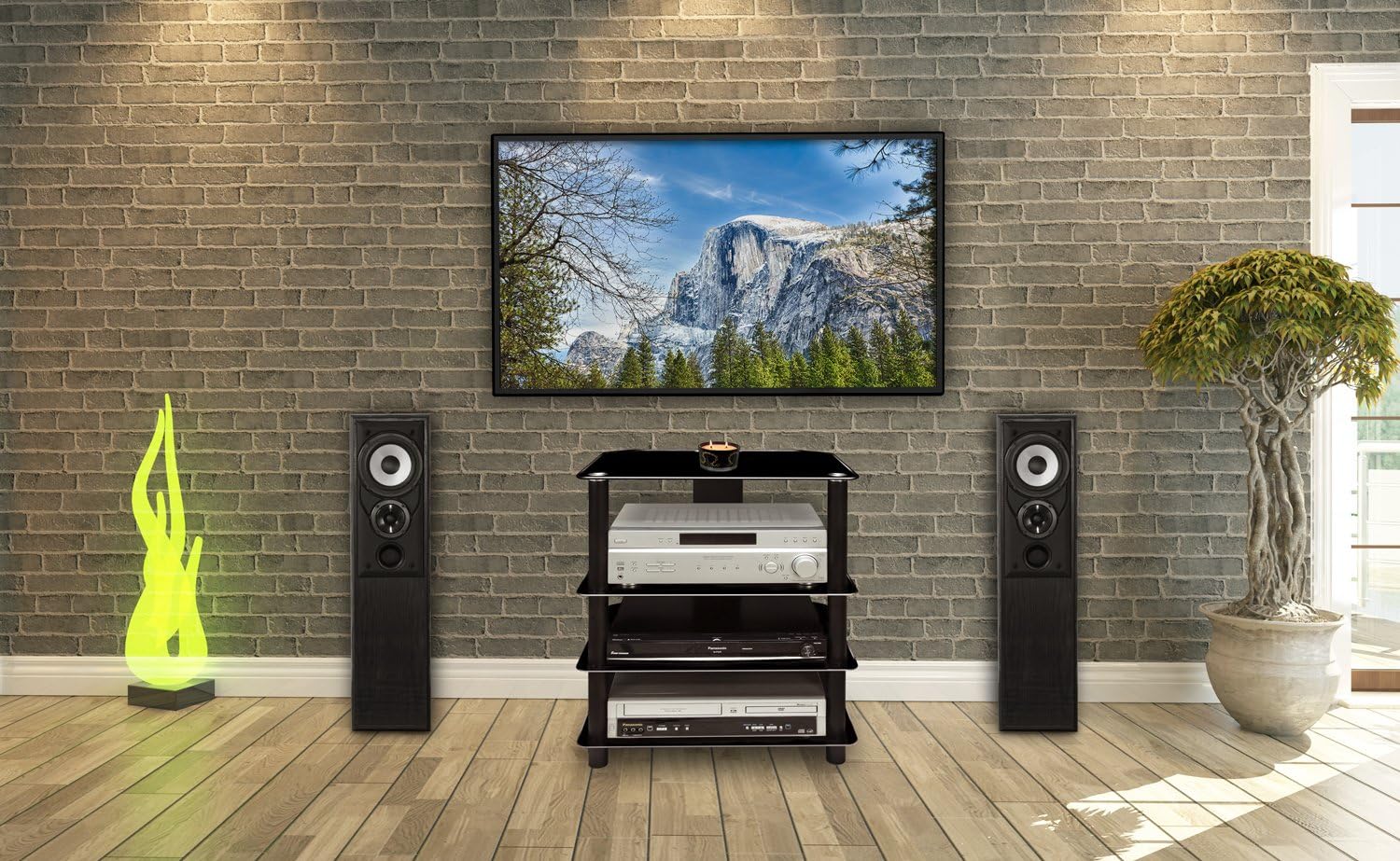 Mount-It! AV Component Media Stand, Audio Tower and Media Center with 4 Tempered Glass Shelves, 88 Lbs Capacity, Black Silk (MI-867)