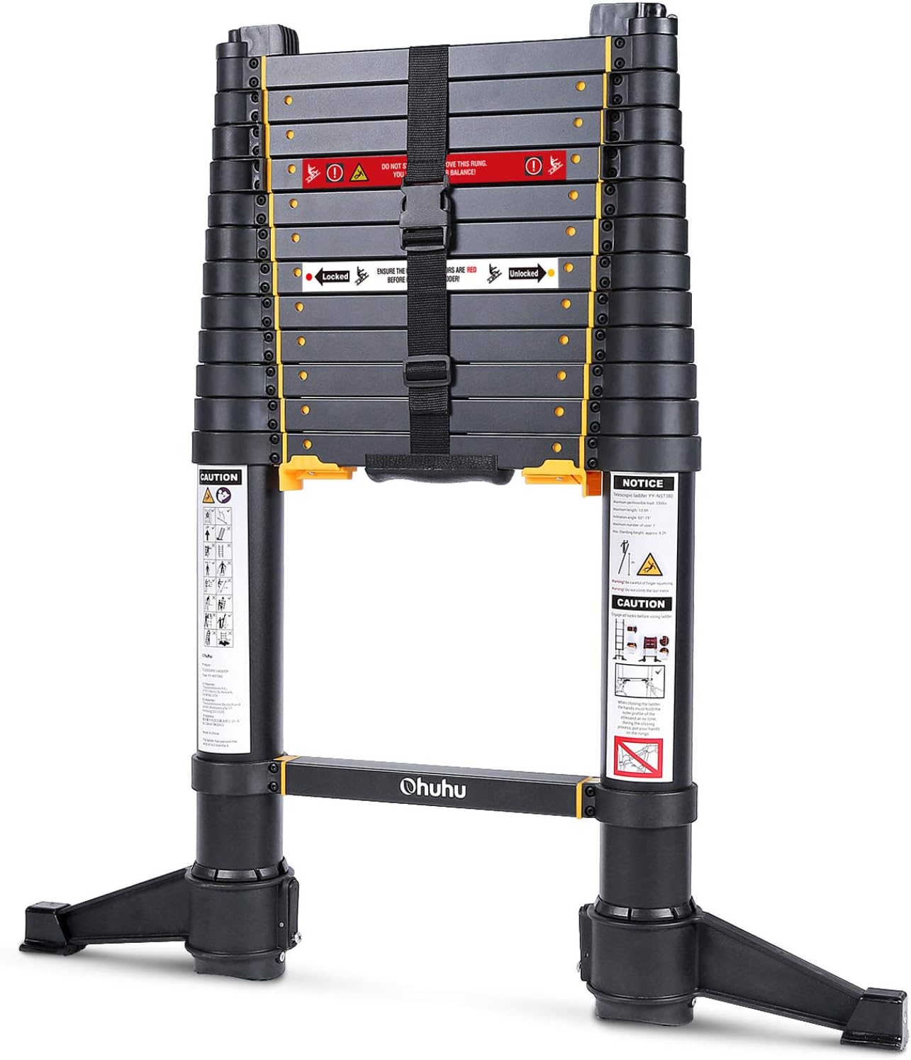 Ohuhu 12.5 FT Premium Aluminum Telescoping Ladder for Home, ONE-Button Retraction ANSI Certified Patented Extension Ladder, Deluxe Black Heavy Duty Collapsible Telescopic Ladders, 330 Pound Capacity