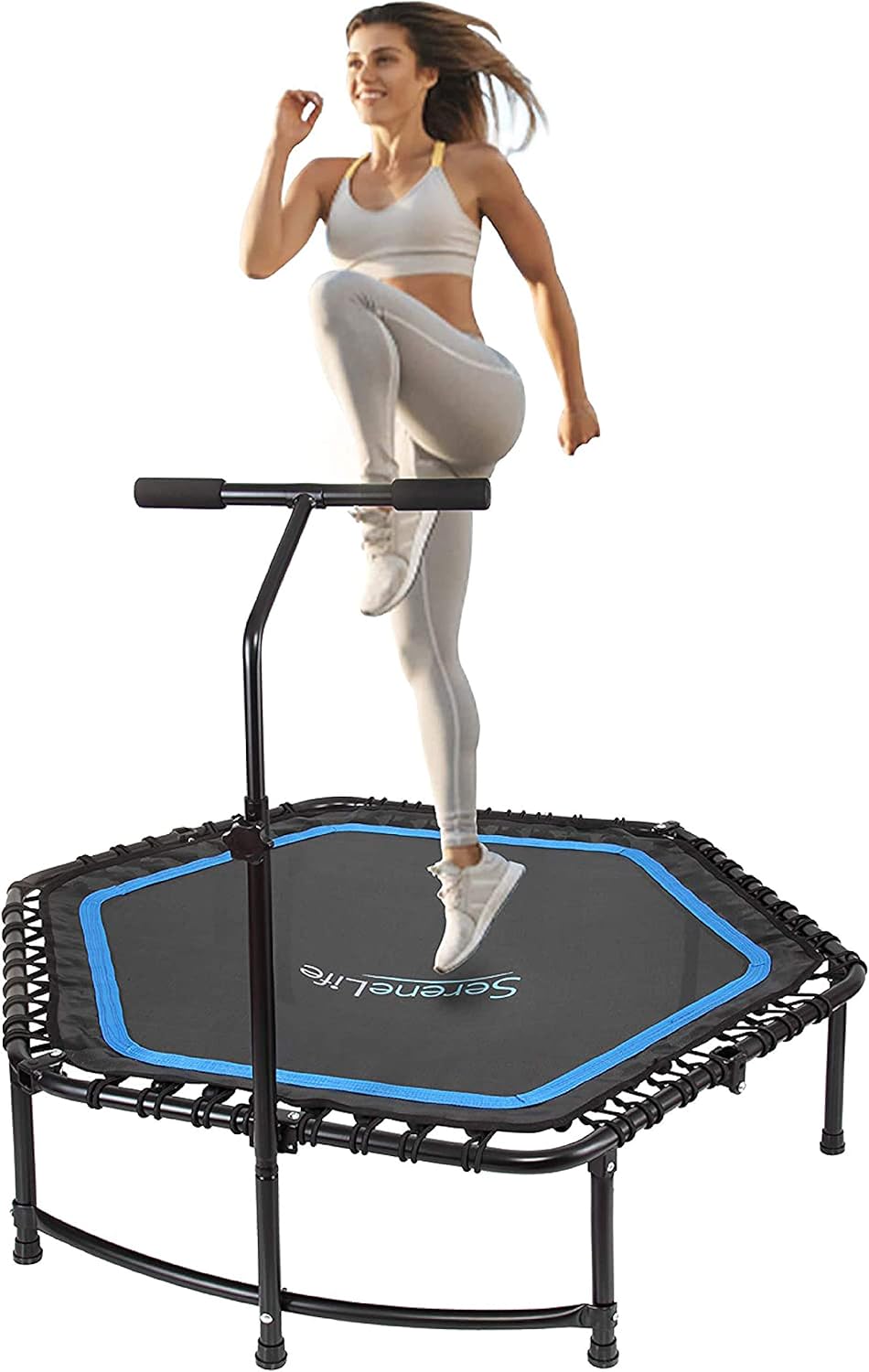 SereneLife Indoor Fitness Trampoline Folding 48 Inch with Adjustable Handrail and Safety Pad, Exercise Trampoline Rebounder for Indoor/ workout training, Black (SLELT518)