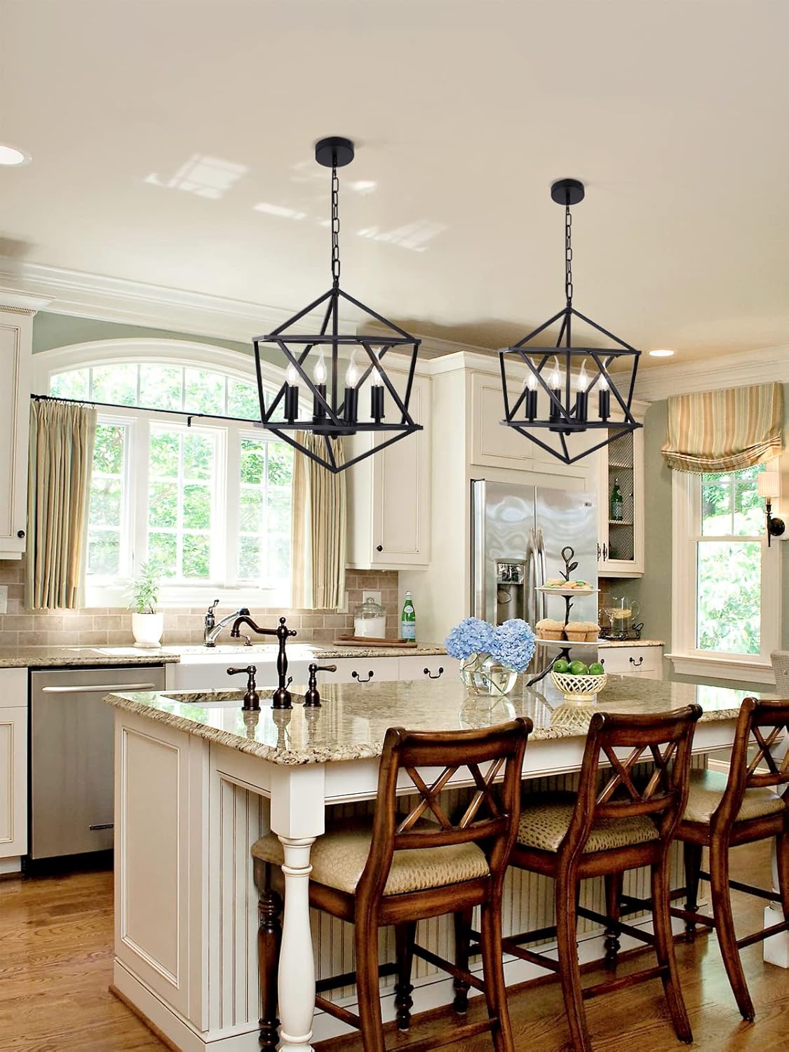 TEMINBU Rustic Lantern Metal Chandelier, Vintage Black Industrial Lighting Fixtures , Geometric Farmhouse Pendant Light for Dining Room Bedroom Kitchen Island Foyer Hallway Entryway (4-Lights)