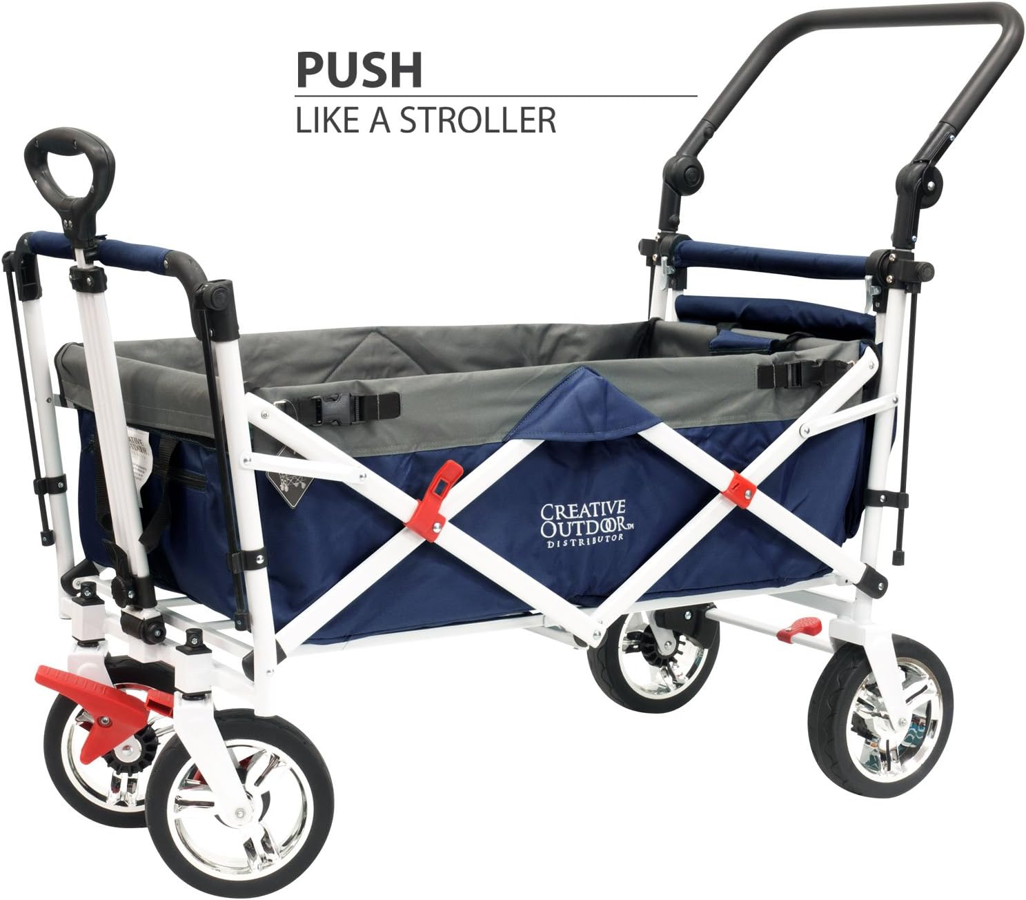 Creative Outdoor Push Pull Collapsible Folding Wagon Stroller Cart for Kids | Sun & Rain Shade | Beach Park Camping Tailgate & Garden | Navy