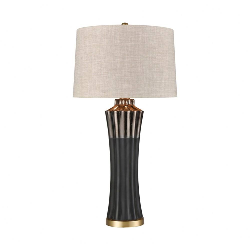 Matte Black, Brushed Brass Table Lamp Made of Earthenware and Metal with A Light Grey Fabric Shade