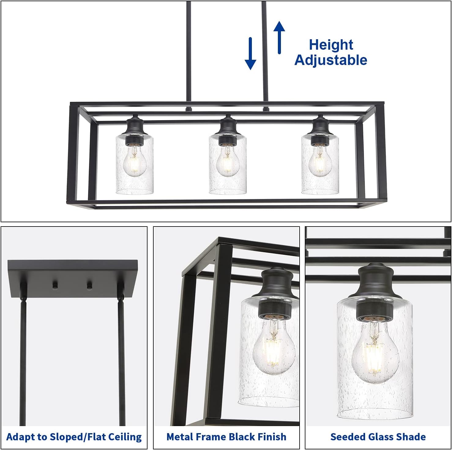 Wanluce 3-Light Farmhouse Modern Chandeliers, Rectangular Pendant Lighting for Kitchen Island, Living Room, Foyer, Dining Room Light Ceiling Fixture with Clear Glass Shade Black Rustic Finish