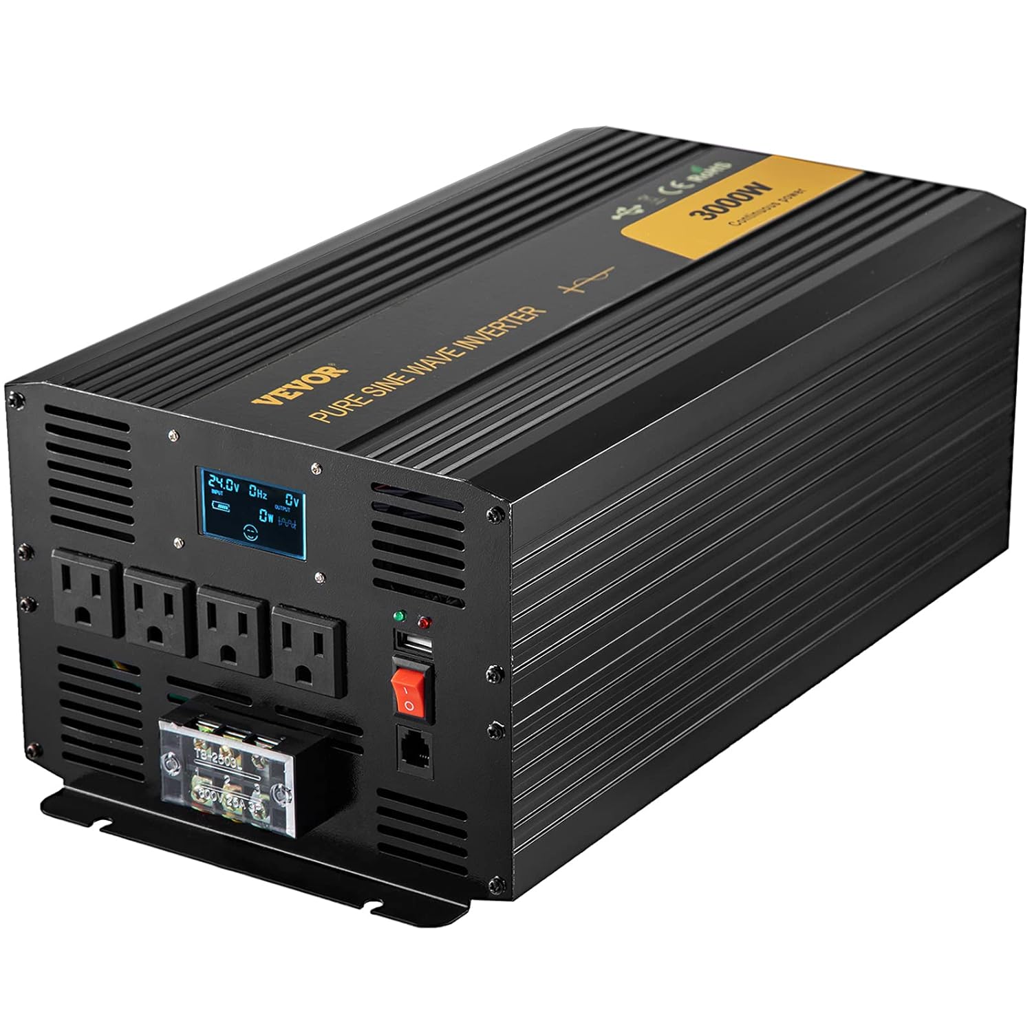 VEVOR Pure Sine Wave Inverter 3000 Watt Power Inverter, DC 24V to AC 120V Car Inverter, with USB Port LCD Display Remote Controller and AC Outlets (GFCI), for RV Truck Car Solar System Travel Camping