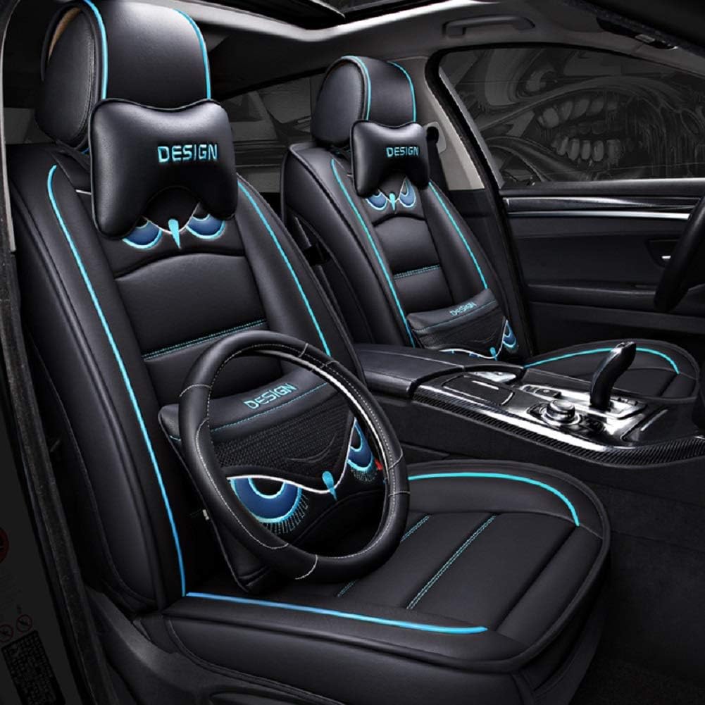OWL Car Seat Covers, Pu Leather Seat Covers Waterproof 5 Seats Full Set Front Back Cover - Fit Most Car, SUV with 2 Waist Pillows 2 Headrest Pillows 1 Steering Wheel Cover (Black-Yellow)