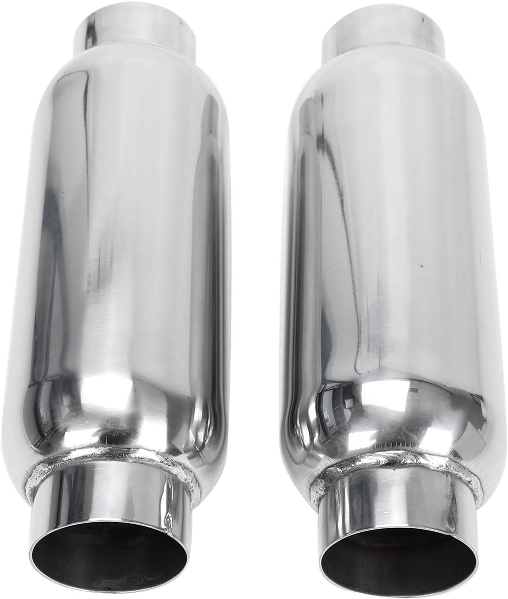 BLACKHORSE-RACING 2.5 Inch Inlet 2.5 Inch Outlet Muffler, Pair of Universal Stainless Steel Weld-on Exhaust Muffler/Resonator Deep Sound for Cars, 12