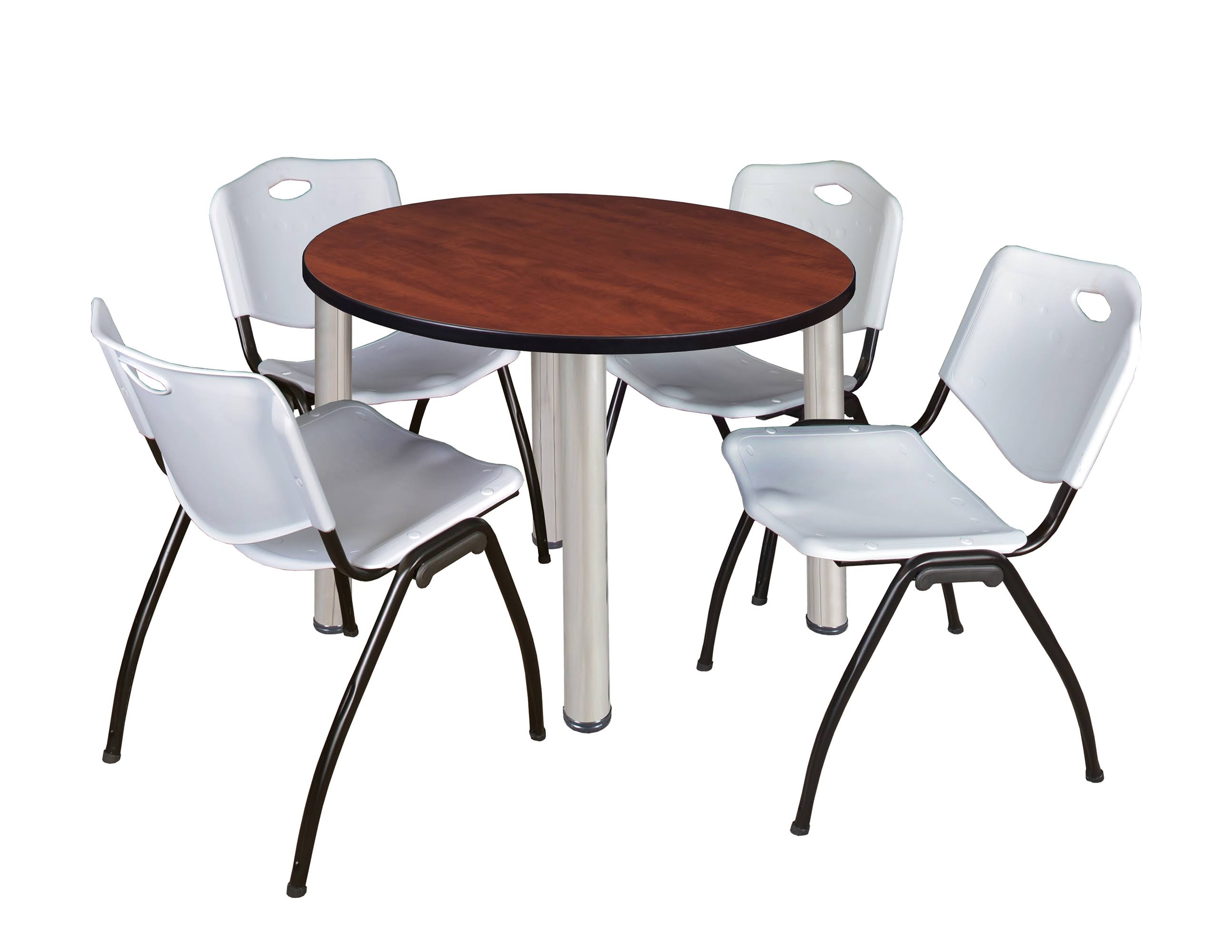 Regency Kee 42x22 Round Breakroom Table- Mocha Walnut/ Chrome u0026 4 &M& Stack Chairs- Grey