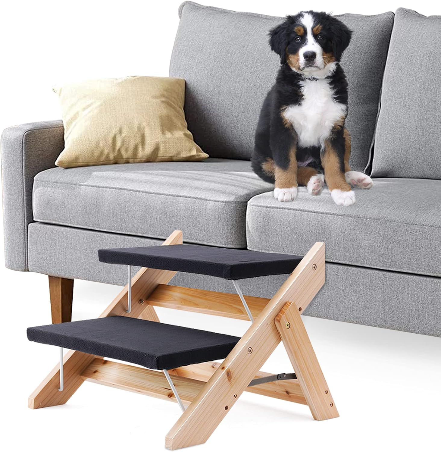 Kerrogee 2-in-1 Dog Pet Stairs, Foldable Pet Ramp with 2 Levels,Wooden Pet Steps for Small to Large Dogs,Pet Ladder for Car,High Bed and Couch,Easy Storage Pack of 2