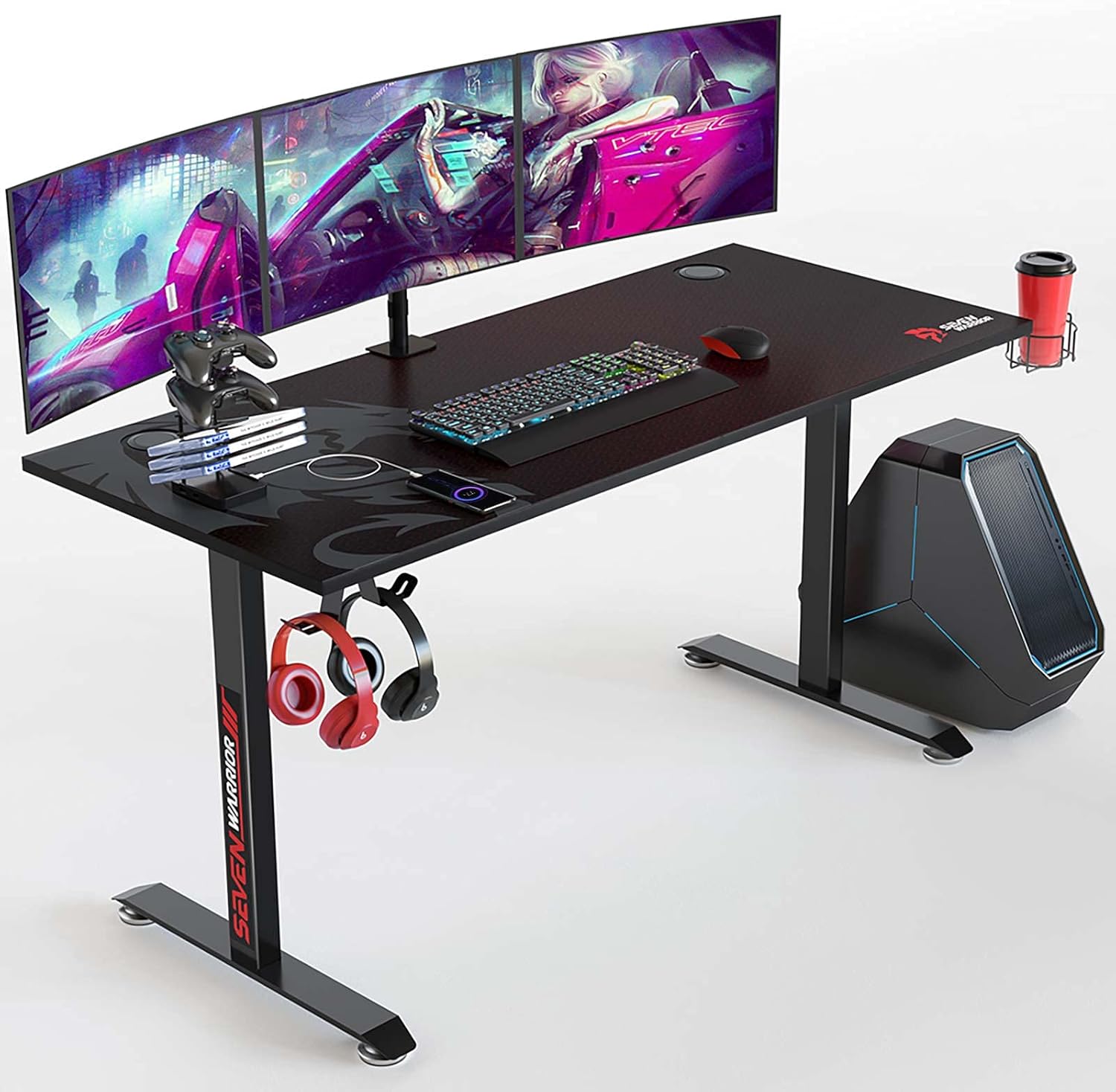 SEVEN WARRIOR Gaming Desk 55 INCH, T- Shaped Carbon Fiber Surface Computer Desk with Full Desk Mouse Pad, Ergonomic E-Sport Style Gamer Desk with Double Headphone Hook, USB Gaming Rack, Cup Holder