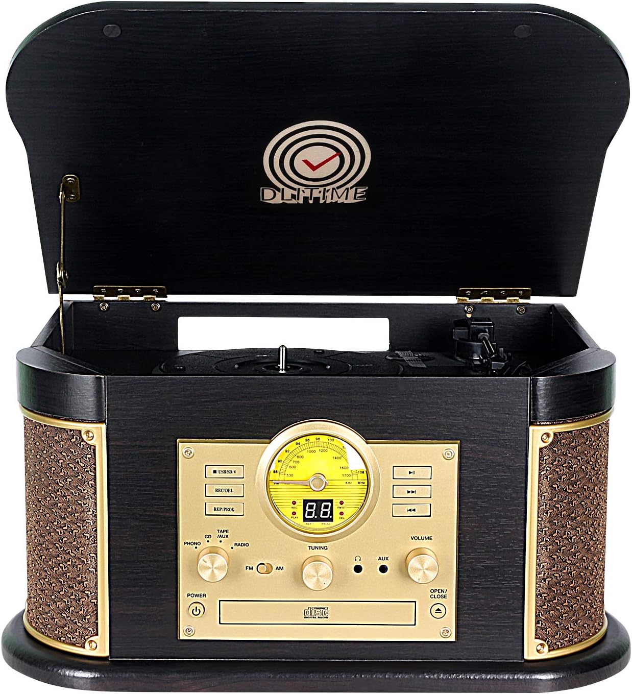 Cassette Record Player,Phonographs DLITIME 3-Speed Vinyl Turntable Built-in Bluetooth 2x9W Speakers, Headphone Jack/Aux In/RCA/LCD/USB/MP3/CD/FM/AM Radio Record Player