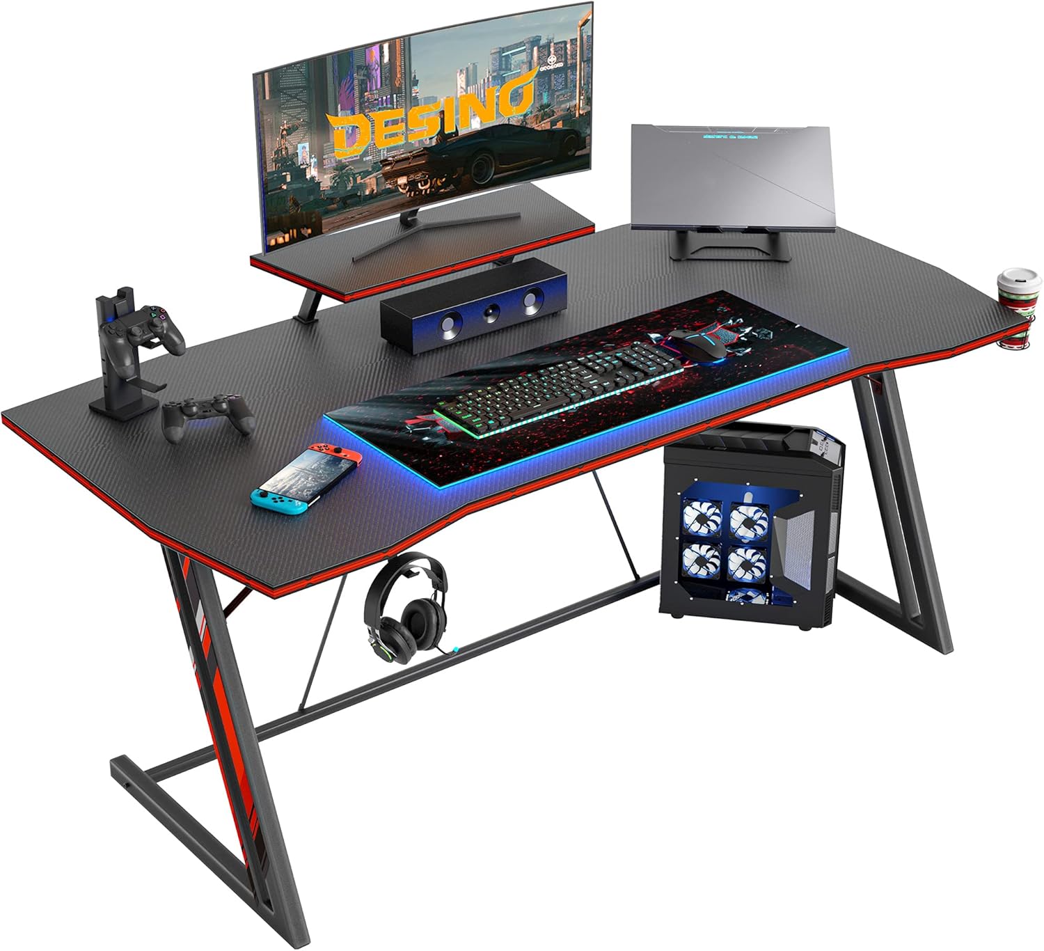 DESINO Gaming Desk 47 inch PC Computer Desk, Home Office Desk Gaming Table Z Shaped Gamer Workstation with Cup Holder and Headphone Hook, Black