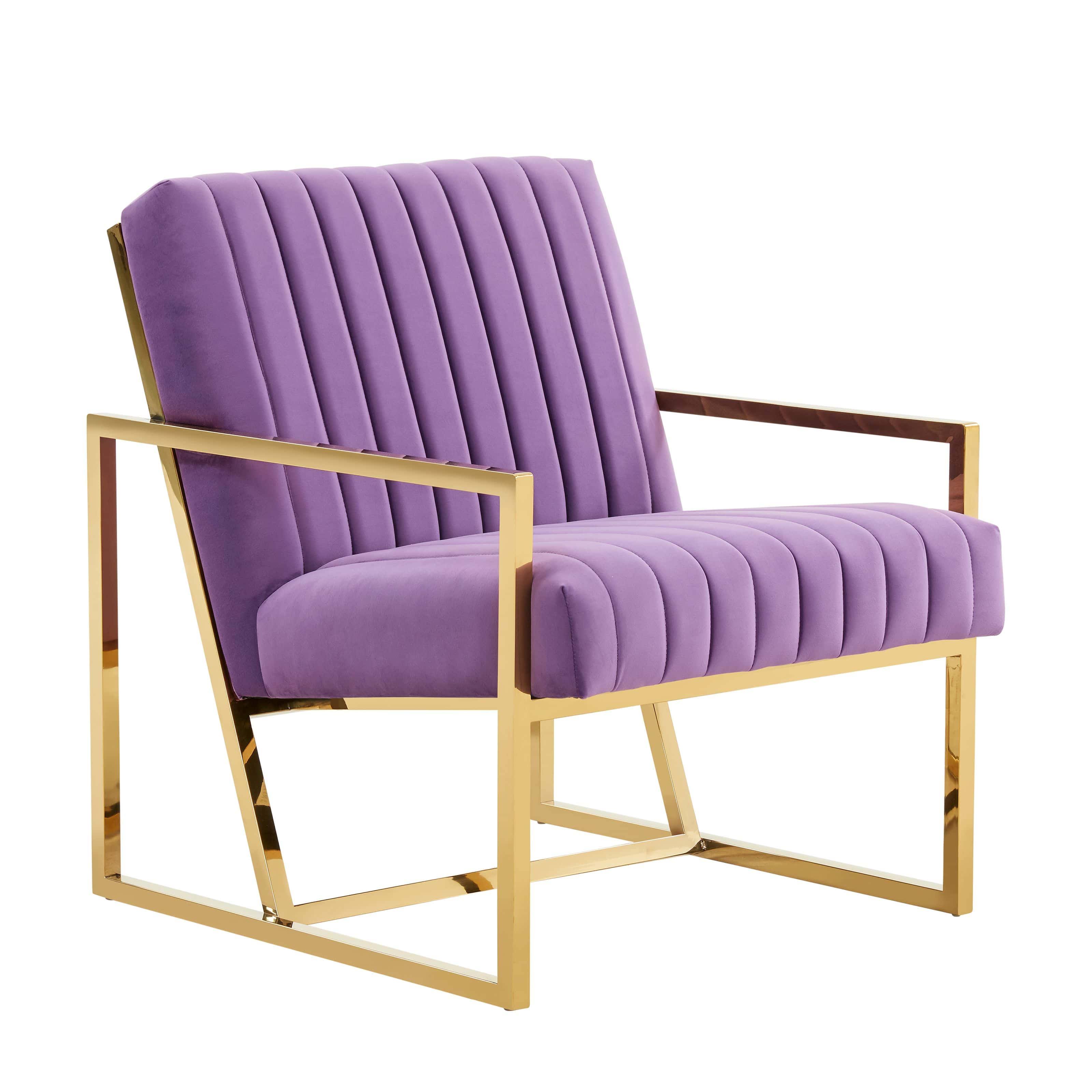 LeisureMod Montgomery Velvet Pinstripe Design Accent Armchair with Gold Frame Purple