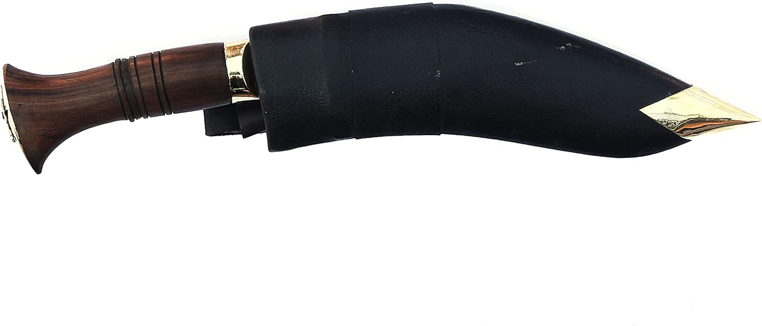 ESK 9&rdquo; Blade Nepal Police Kukri, Handmade, Carbon Steel, Rosewood Handle, Black Leather Scabbard Rattail Khukuri w/ 2 extra knives