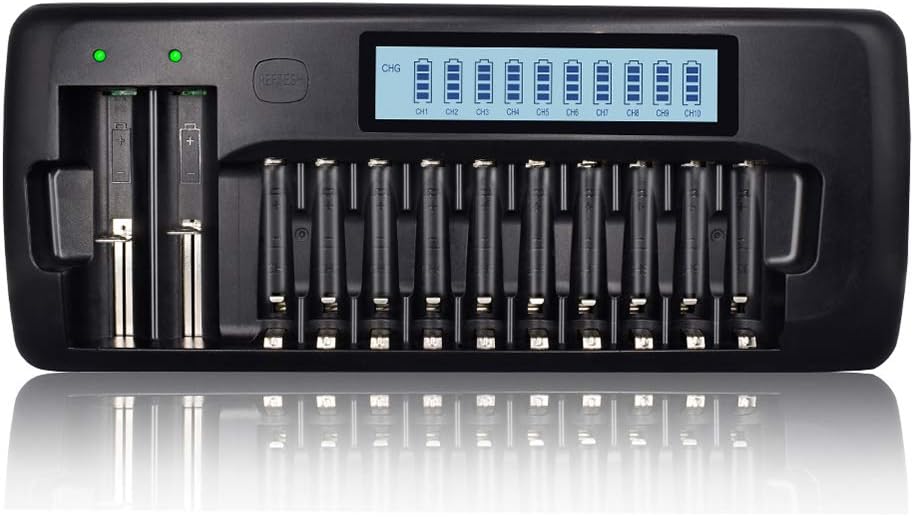 Tenberly 12 Slots Battery Charger with LCD Display for AA AAA 18650 NiCD NiMH 3.7V Li-ion Batteries with Discharge Function (Upgrade Charger) Pack of 2