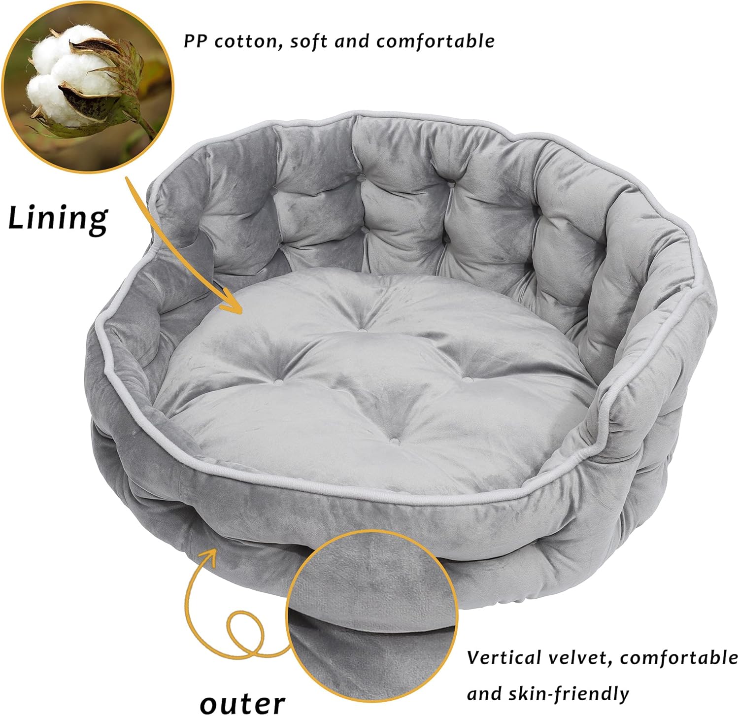 QUVITA Round Dog Beds Deluxe Velvet for Small Dogs Machine Washable Super Soft Self-Warming Puppy Sofa Anti-Slip Oxford Bottom for Indoor Cats,18 Inch Grey