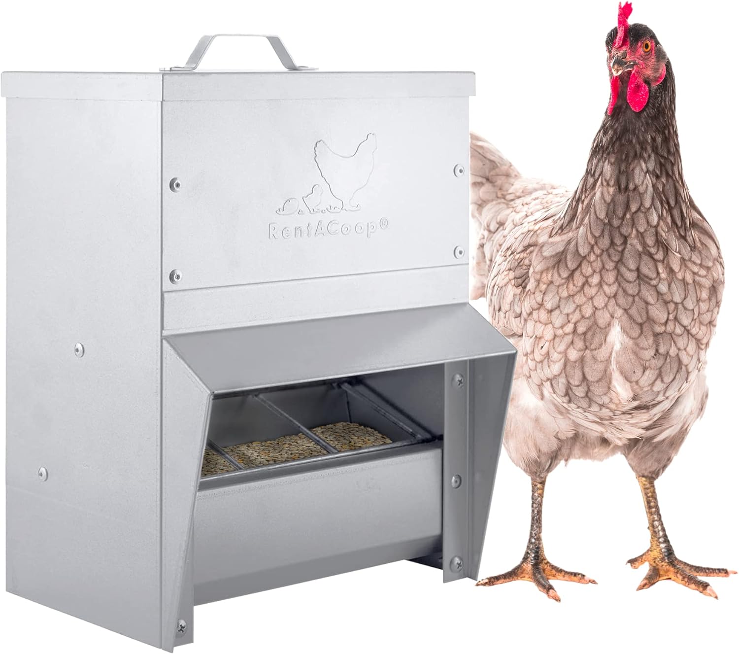 RentACoop 10lb Mounted Metallic Trough Poultry Feeder: Waterproof, Chickens/Ducks/Etc. Pack of 2