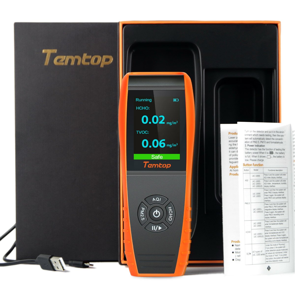 Temtop LKC-1000S+ Air Quality Monitor Professional AQI Monitor PM2.5 Detector HCHO PM10 TVOC Accurate Air Quality Meter