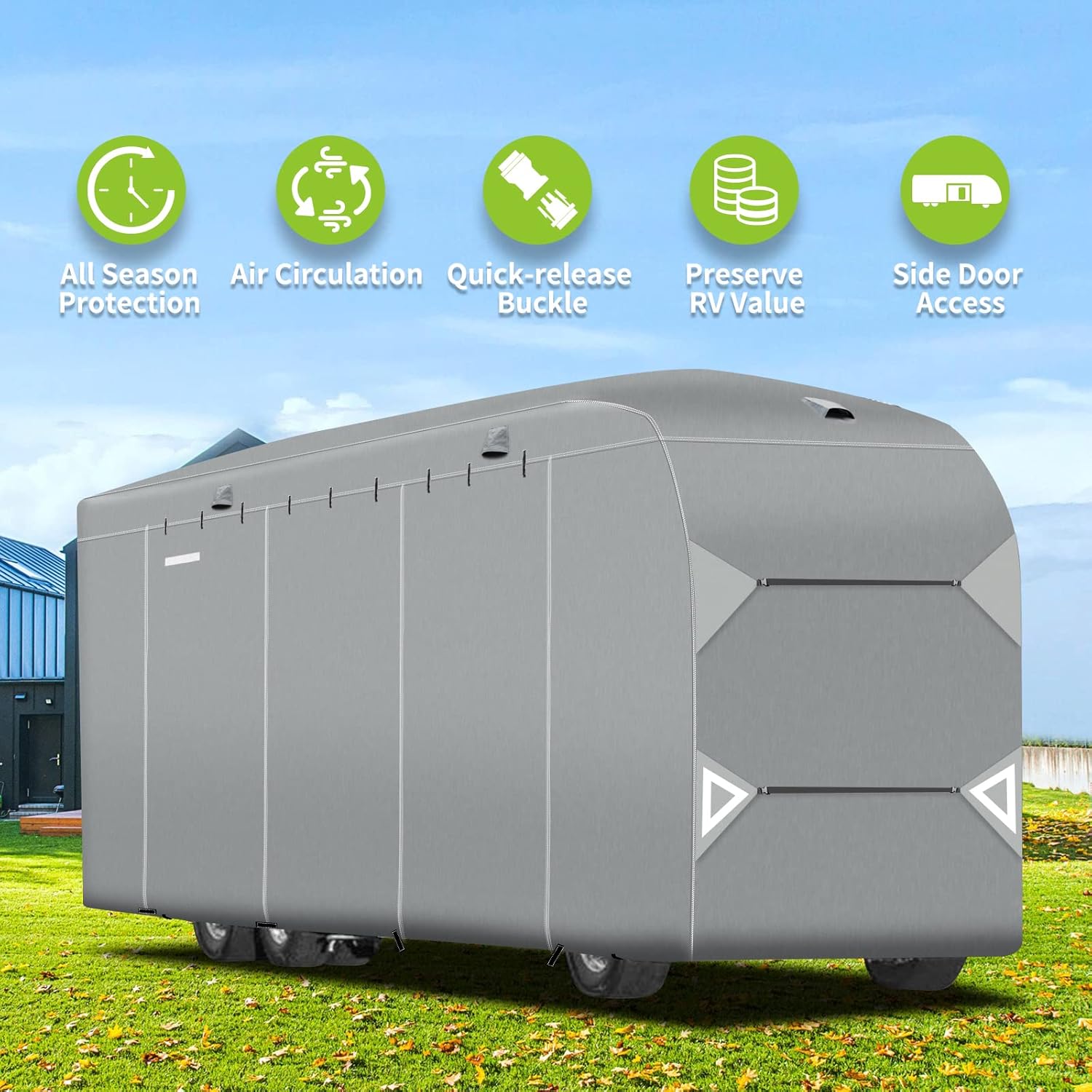 RVMATE Class A RV Cover, Camper Cover for 30-33&rsquo;, Convenient Side Door Access, Air Vent Design, Come w/ Maintenance Accessory