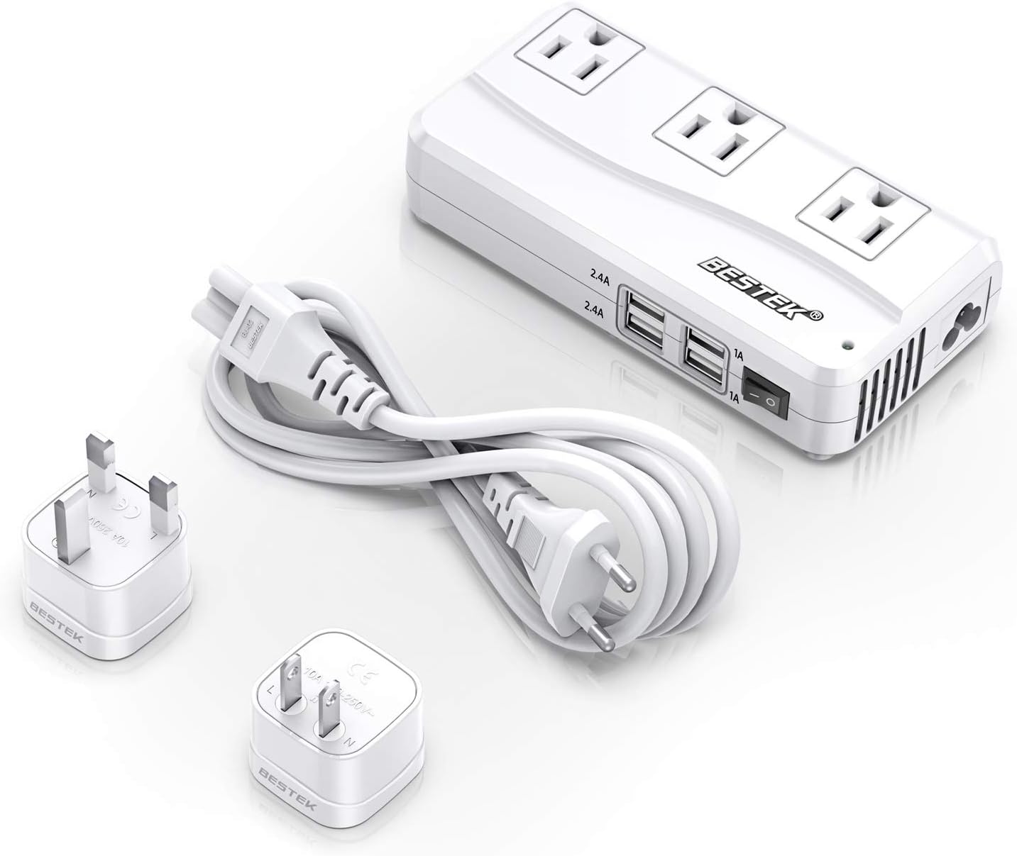 BESTEK Universal Travel Adapter 220V to 110V Voltage Converter with 6A 4-Port USB Charging and UK/AU/US/EU Worldwide Plug Adapter (White) Pack of 2