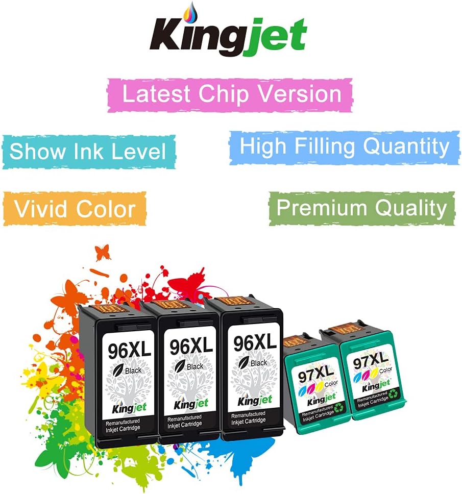 Kingjet Remanufactured 96 97 Ink Cartridge Replacement for HP 96 XL 97 XL C8767WN C9363WN Work with DeskJet 5940 6840 6940 9800 6988 officejet 7210 7310 7410 Photosmart 2610 2710 8450 8050, 5 Pack Pack of 2