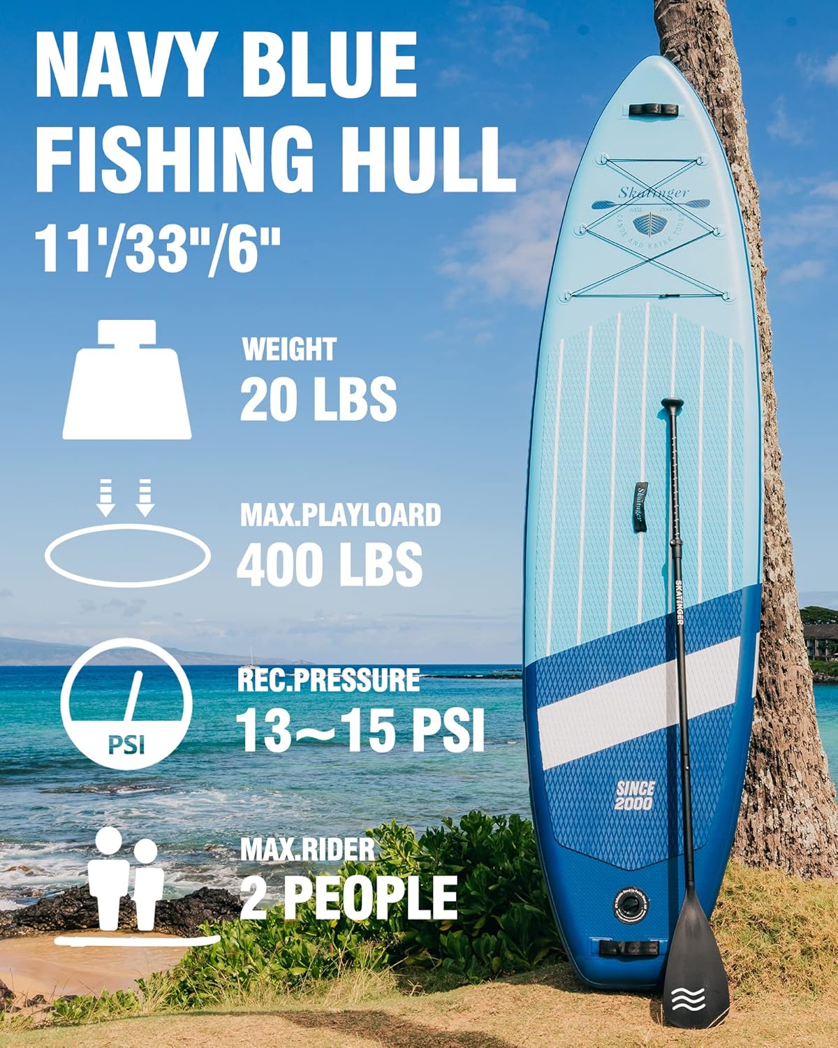 Skatinger Inflatable Stand Up Paddle Boards, 11'x34''x6'' SUP Paddleboard Inflatable, Yoga Stand Up Paddle Board w/1600D Backpack, 6 Extra D-Rings, Shoulder Strap, US Central Fin, 2-Action Pump.