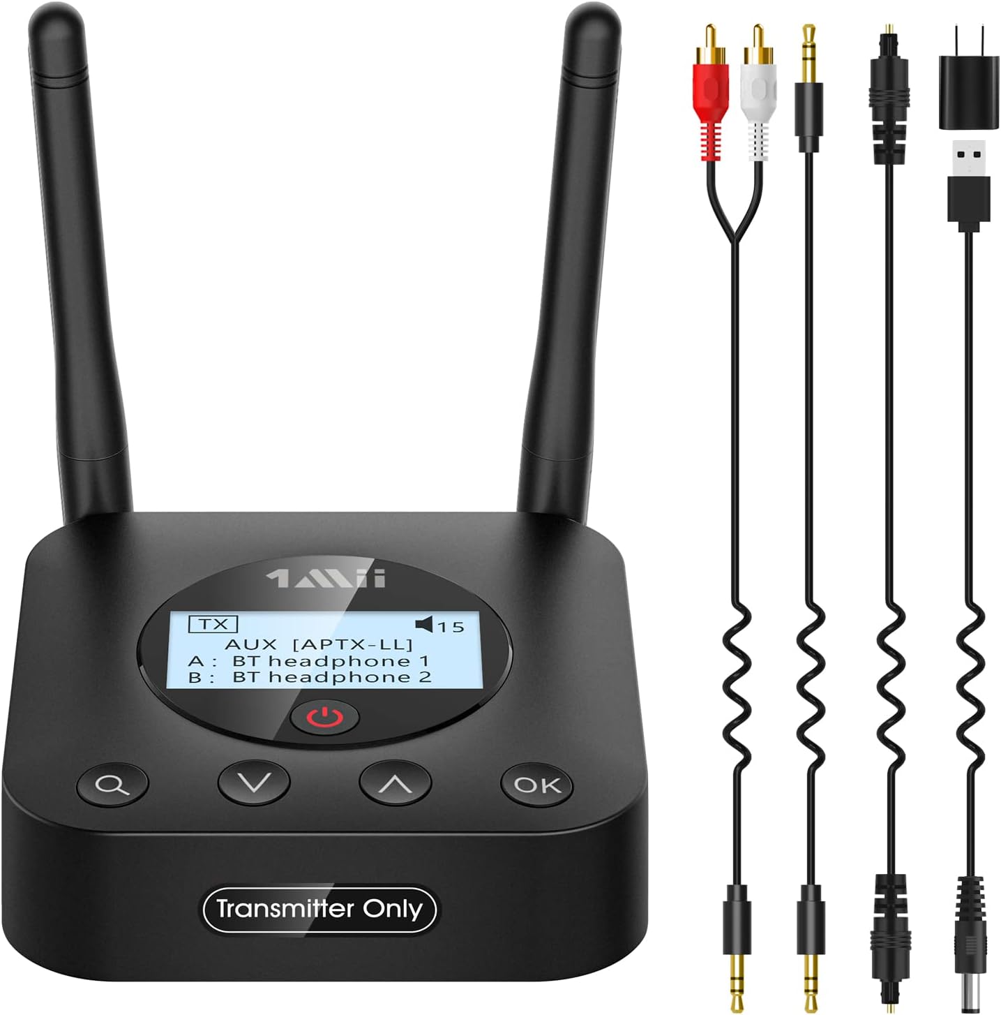 1Mii B06TX+ Long Range Bluetooth 5.0 Transmitter for TV /PC/Projector to 2 Wireless Headphones/Speakers, Bluetooth Adapter for TV w/ Screen Display Plug n Play, aptX Low Latency & HD Audio Pack of 2