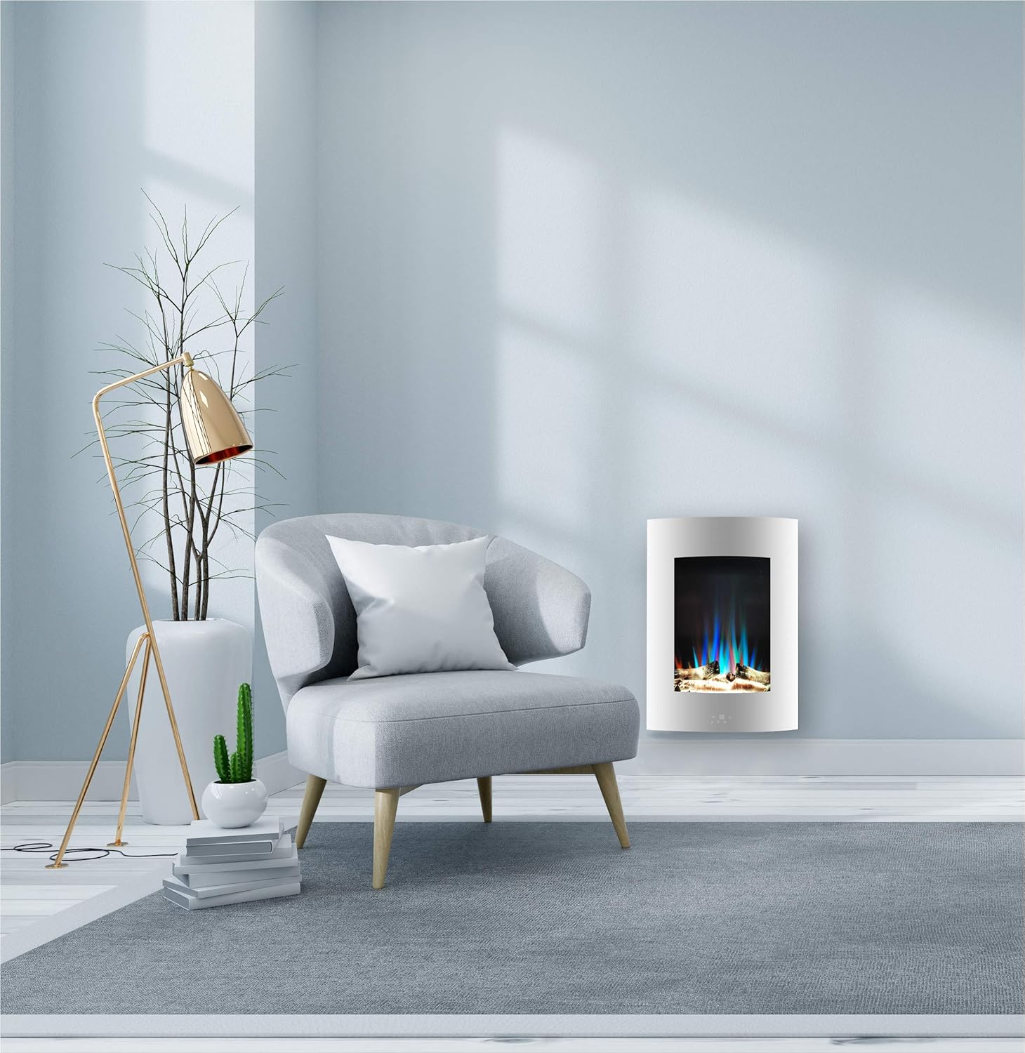 Cambridge CAM19VWMEF-2WHT 19.5 In. Vertical Electric Fireplace in White with Multi-Color Flame and Driftwood Log Display