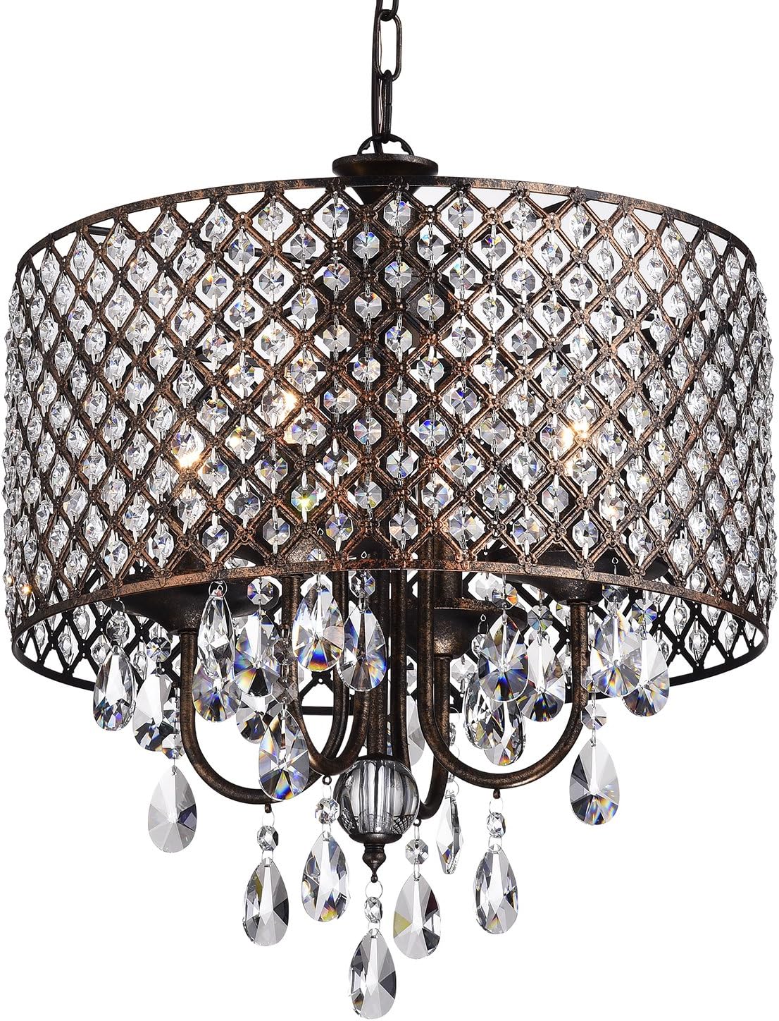Edvivi Marya Drum Crystal Chandelier, 4 Lights Glam Lighting Fixture with Black Finish, Adjustable Ceiling Light with Round Crystal Drum Shade, Dining Room Light for Living Room, Bedroom, Kitchen