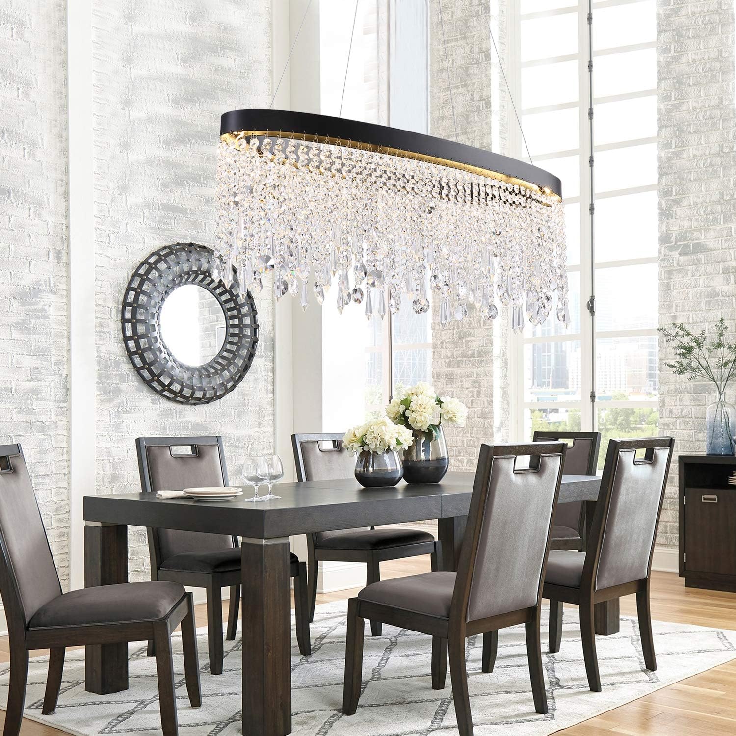 Modern Crystal Chandelier, Siljoy Romantic Tassel Pendant Lighting LED Oval Ceiling Light Fixture for Dinning Living Room Kitchen Island, Black Frame L31.5