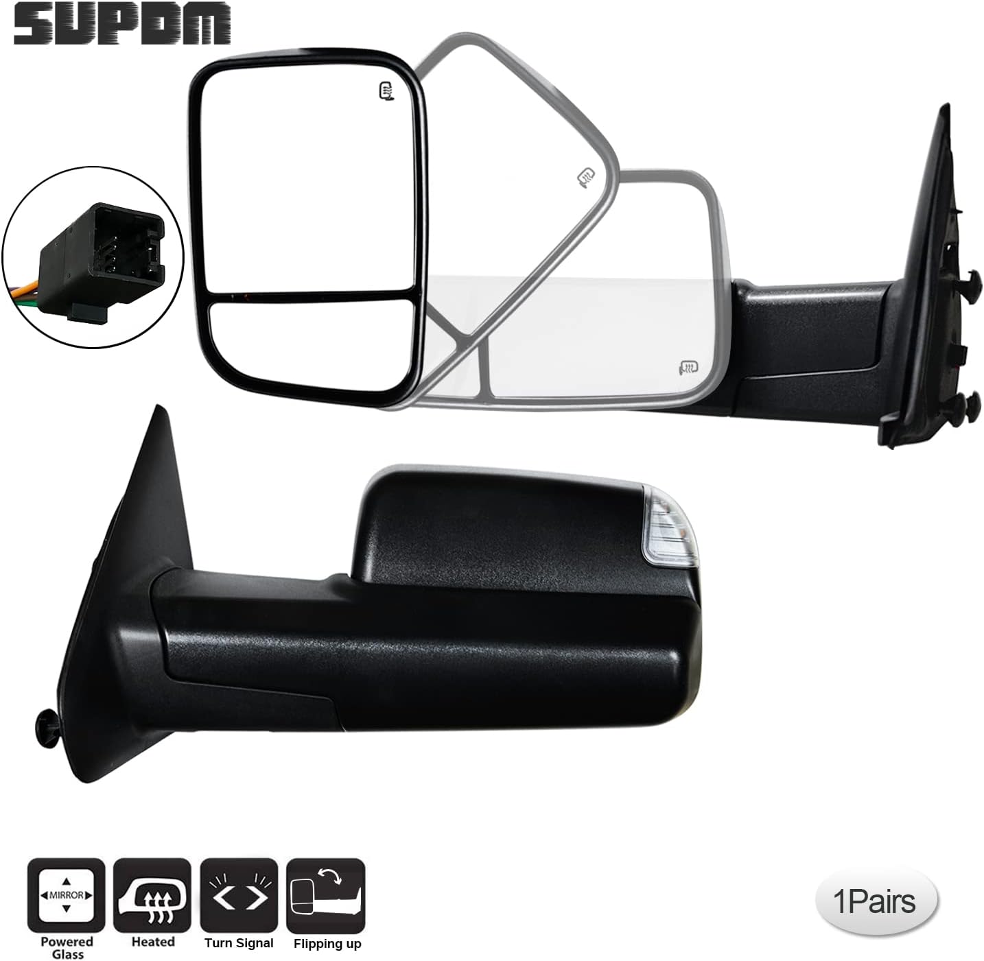 SUPDM Pair Towing Mirrors fit 02-08 for Dodge Ram 1500 03-09 for Dodge Ram 2500 3500 with Turn Signal Light Power Heated Black Housing Set Left+Right
