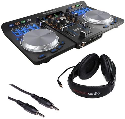 Hercules Universal DJ Bluetooth DJ Software Controller with R100 Stereo Headphones & Mini Male to Stereo Mini Male Cable (Black) 3'