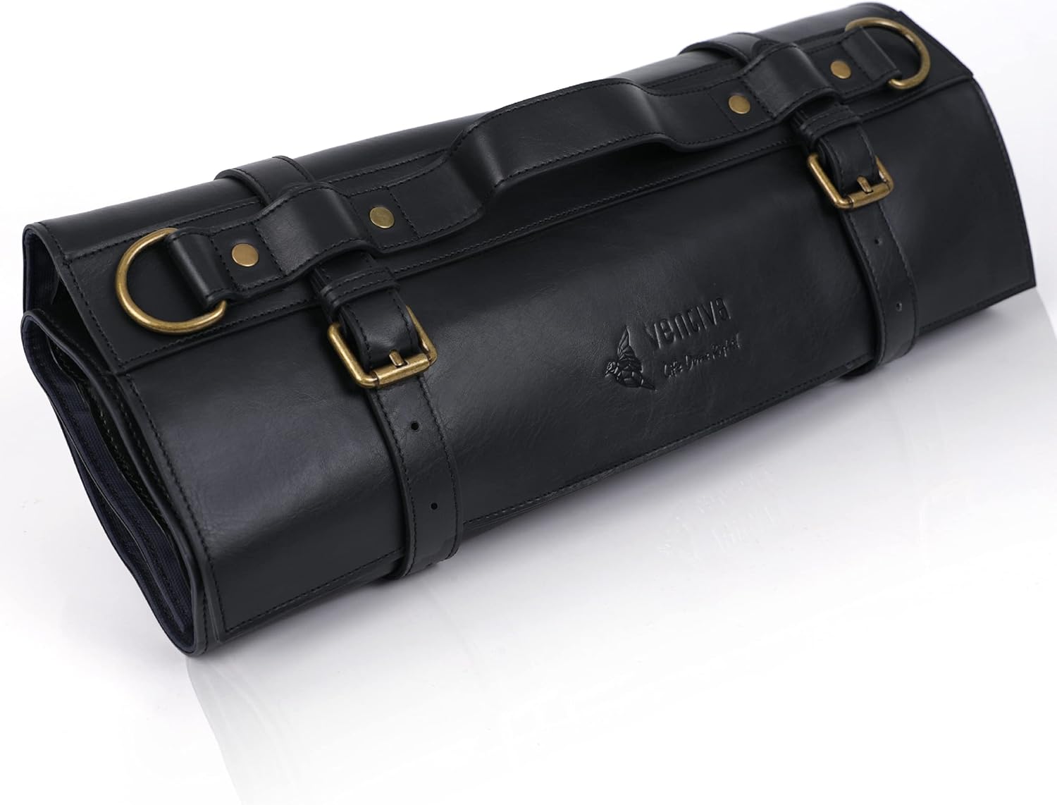 Ventiva - Black Leather Knife Roll Storage Bag, 9 Pockets w/Large Utility Pocket, Adjustable/Detachable Shoulder Strap, Travel-Friendly and Durable