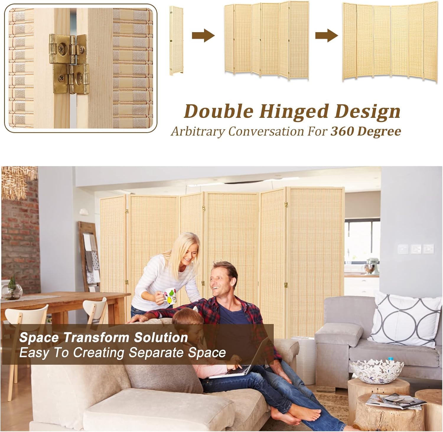 Duraspace 6 Panel Bamboo Room Divider 6ft Privacy Screen Freestanding Double Hinged Folding Screen Room Dividers Bamboo Portable Partitions for Patio Privacy
