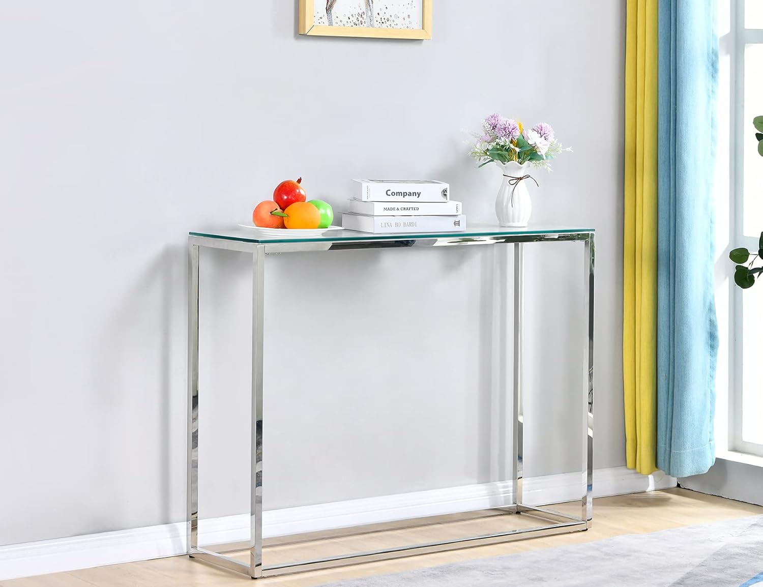 Console Table with Glass Top Accent Chrome Entryway Table, Narrow Sofa Table for Living Room, Hallway and Bedroom, Modern Glass Entry Table, Easy to Assemble, Clear/Silver, Hollow Side