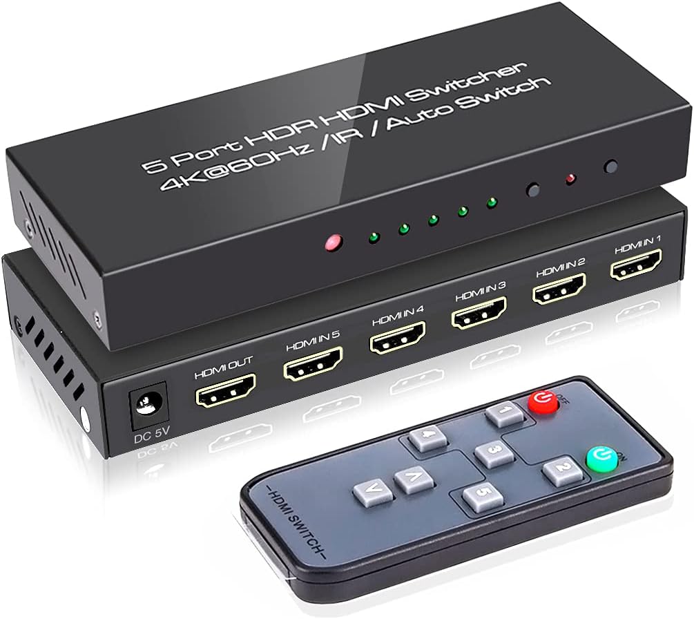 ROOFULL 5 Port 4K HDMI Switch with Optical & 3.5mm AUX Audio Out, 5 in 1 Out HDMI 2.0 4K@60Hz HDMI 2.0a Audio Extractor Splitter with Remote, Support ARC, HDR, HDCP 2.2, 18Gbps, Dolby Vision Pack of 2