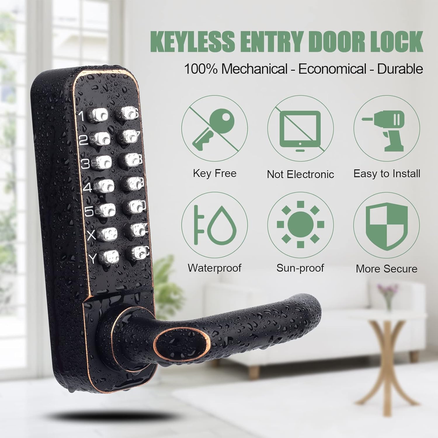 CODACE Keyless Entry Door Lock with Keypad Door Knob, Mechanical Keypad Door Lock with Lever Handle, Combination Code Door Lock Set for Front Doors, Outdoor Keyless Gate Lock for Fences, Not Deadbolt