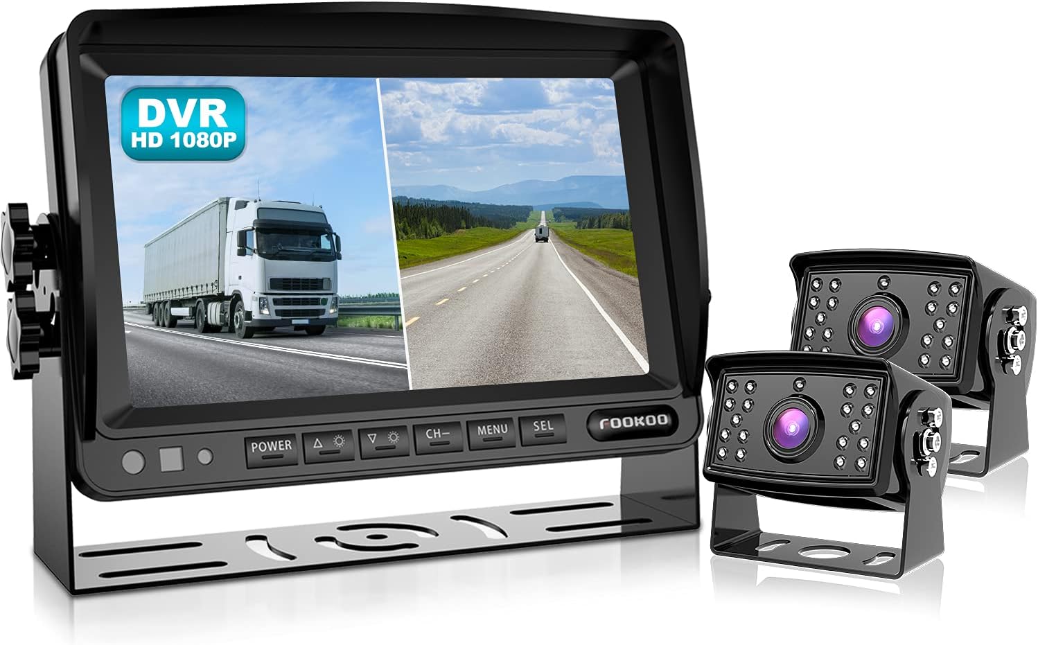 Fookoo Ⅱ HD 1080P Backup Camera System Kit,7'' DVR Dual Split Screen Monitor, IP69 Waterproof Rear View Camera for Truck/Semi-Trailer/Box Truck/RV, Sharp CCD Chip,100% Not Wash Up (FHD2-Wired)