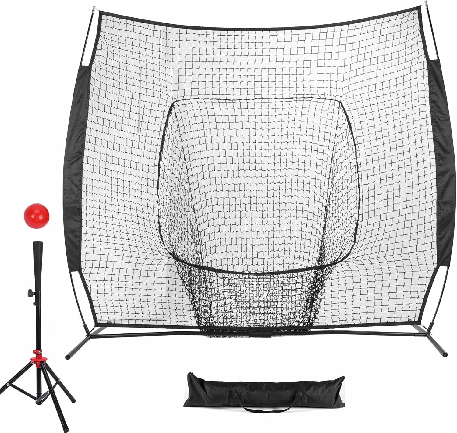 Baseball and Softball Practice Net 7'&times;7' Portable Hitting Batting Training Net with Carry Bag & Metal Frame + Baseball Softball Batting Tee (Baseball Net with Batting Tee)