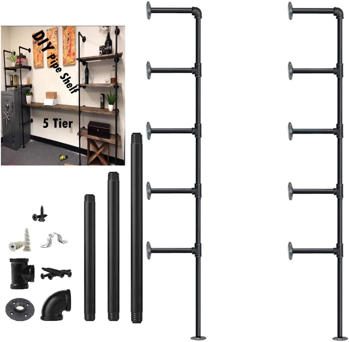 Industrial Wall Mount Iron Pipe Shelf Shelves Shelving Bracket Vintage Retro Ceiling Hung Shelf DIY Open Bookshelf Storage for Office Room Kitchen (2PcsX5Tier,70