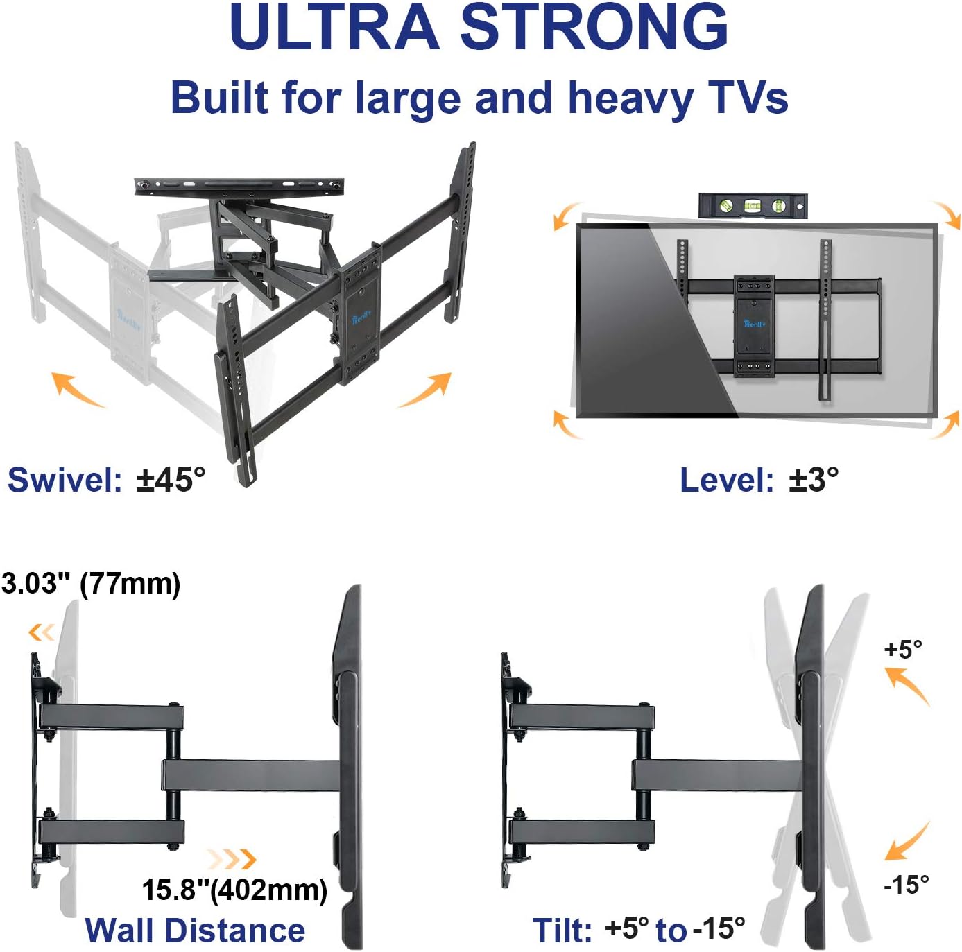 Rentliv Full Motion TV Wall Mount Bracket with Dual Articulating Arms Swivels Tilts Rotation for Most 37-70 Inch TVs,TV Mount Holds up to 132lbs, Max VESA 600x400mm Pack of 2