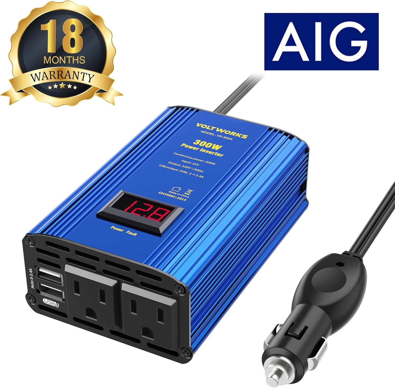Power Inverter 300W Car Inverter DC 12V to 110V AC Converter with LED Display & 2x2.4A Dual USB Car Adapter Charger by VOLTWORKS